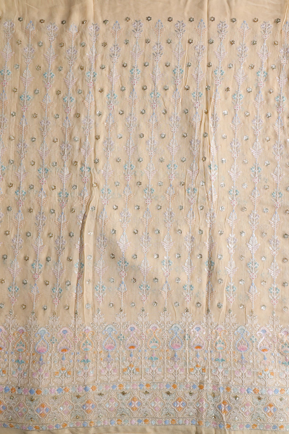 Big Width "52" Multi Sequins With White Thread Traditional Embroidery On Light Beige Viscose Georgette Fabric With Border