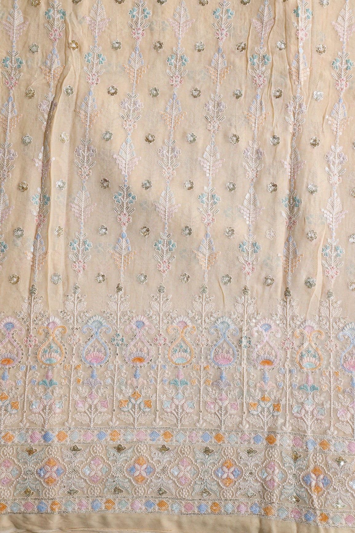 Big Width "52" Multi Sequins With White Thread Traditional Embroidery On Light Beige Viscose Georgette Fabric With Border