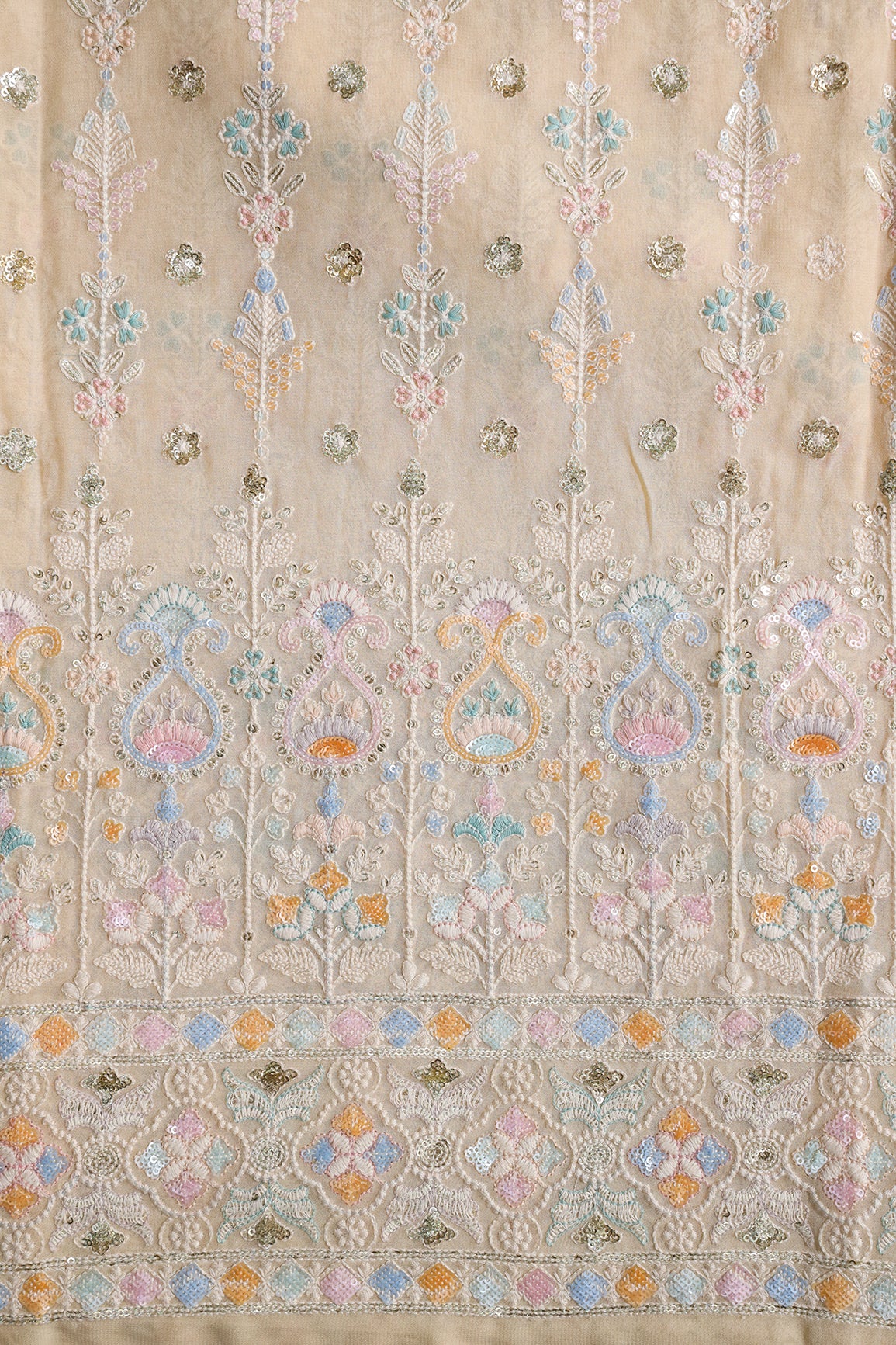 Big Width "52" Multi Sequins With White Thread Traditional Embroidery On Light Beige Viscose Georgette Fabric With Border