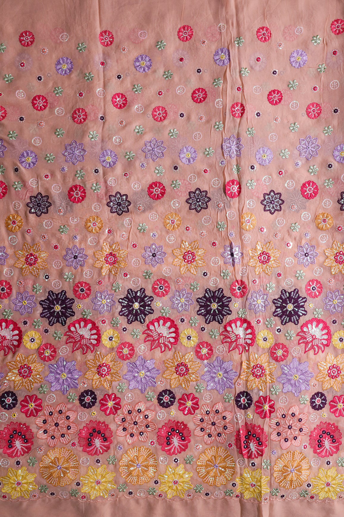 Big Width "52" Exclusive Floral Designer Embroidery With Faux Mirror On Peach Viscose Georgette Fabric