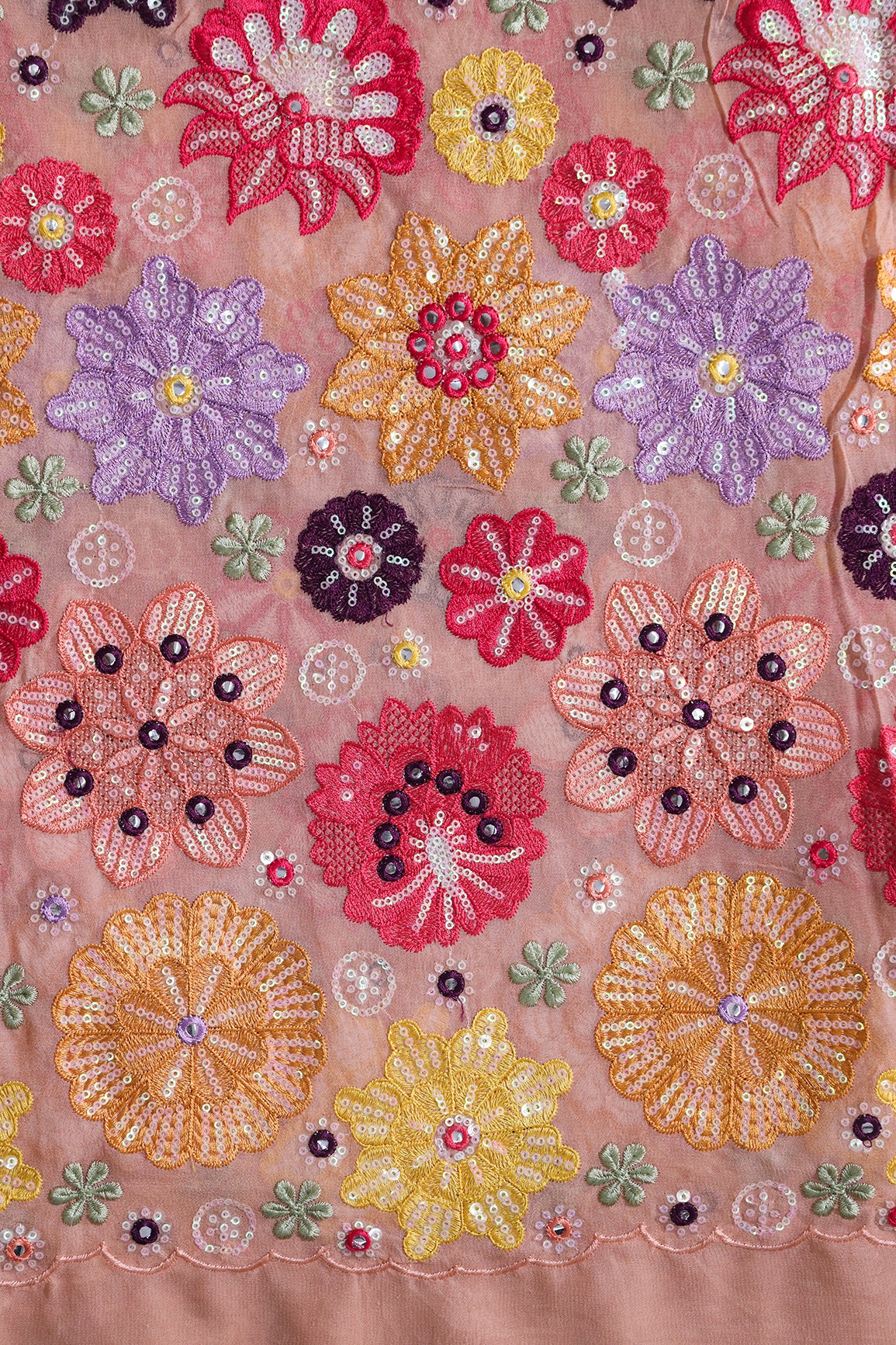 Big Width "52" Exclusive Floral Designer Embroidery With Faux Mirror On Peach Viscose Georgette Fabric