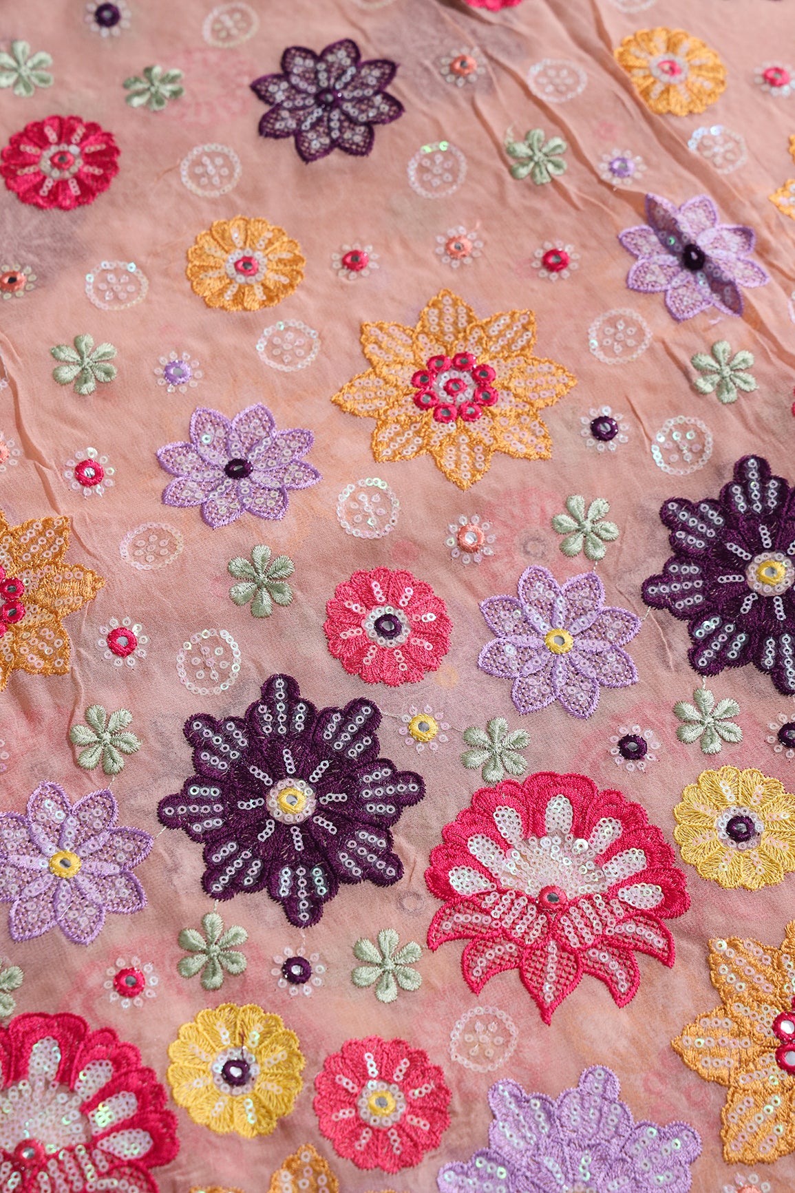 Big Width "52" Exclusive Floral Designer Embroidery With Faux Mirror On Peach Viscose Georgette Fabric