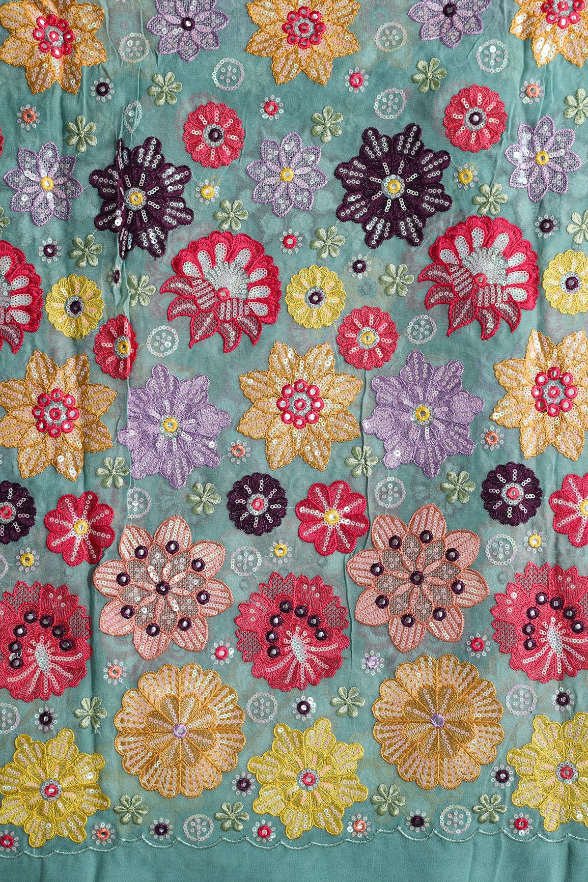 Big Width "52" Exclusive Floral Designer Embroidery With Faux Mirror On Teal Viscose Georgette Fabric