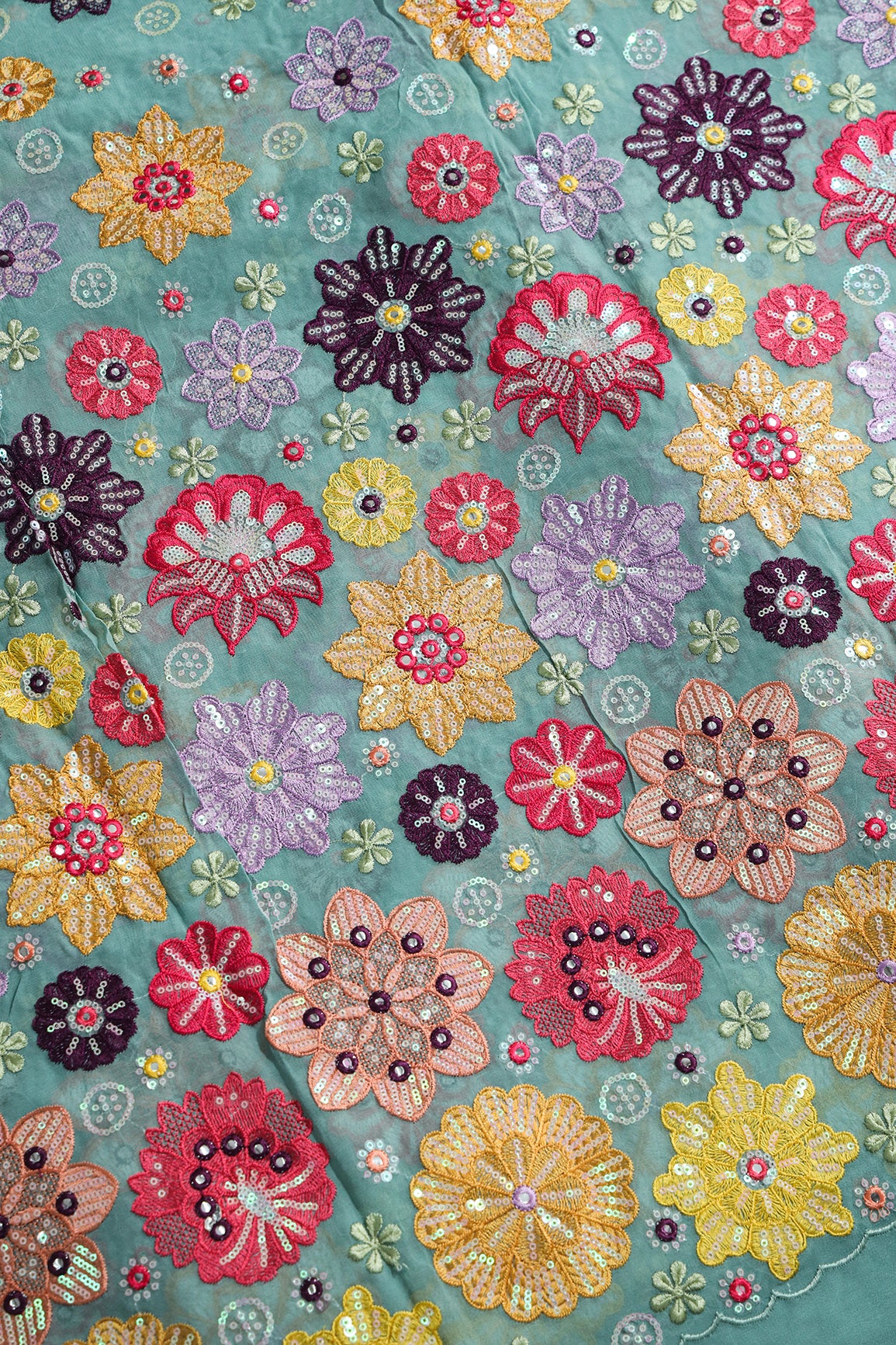 Big Width "52" Exclusive Floral Designer Embroidery With Faux Mirror On Teal Viscose Georgette Fabric