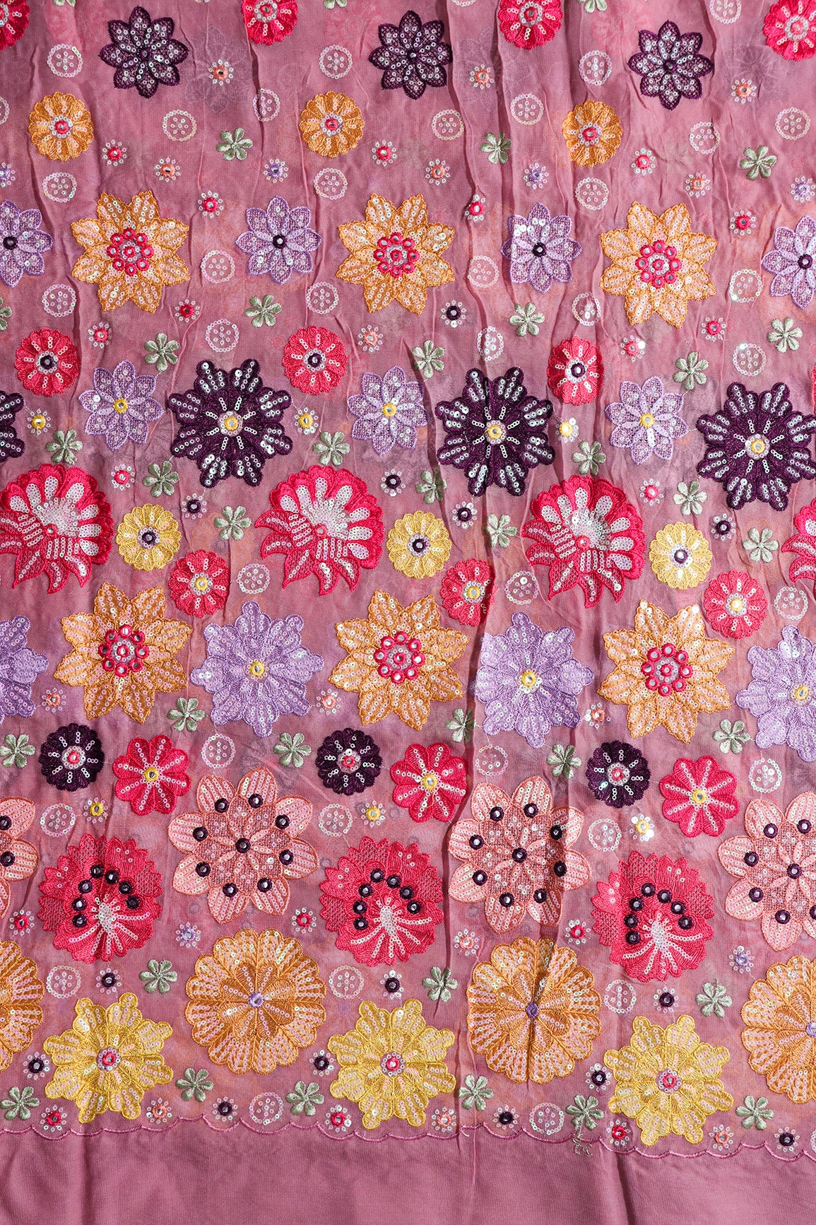 Big Width "52" Exclusive Floral Designer Embroidery With Faux Mirror On Thulian Pink Viscose Georgette Fabric