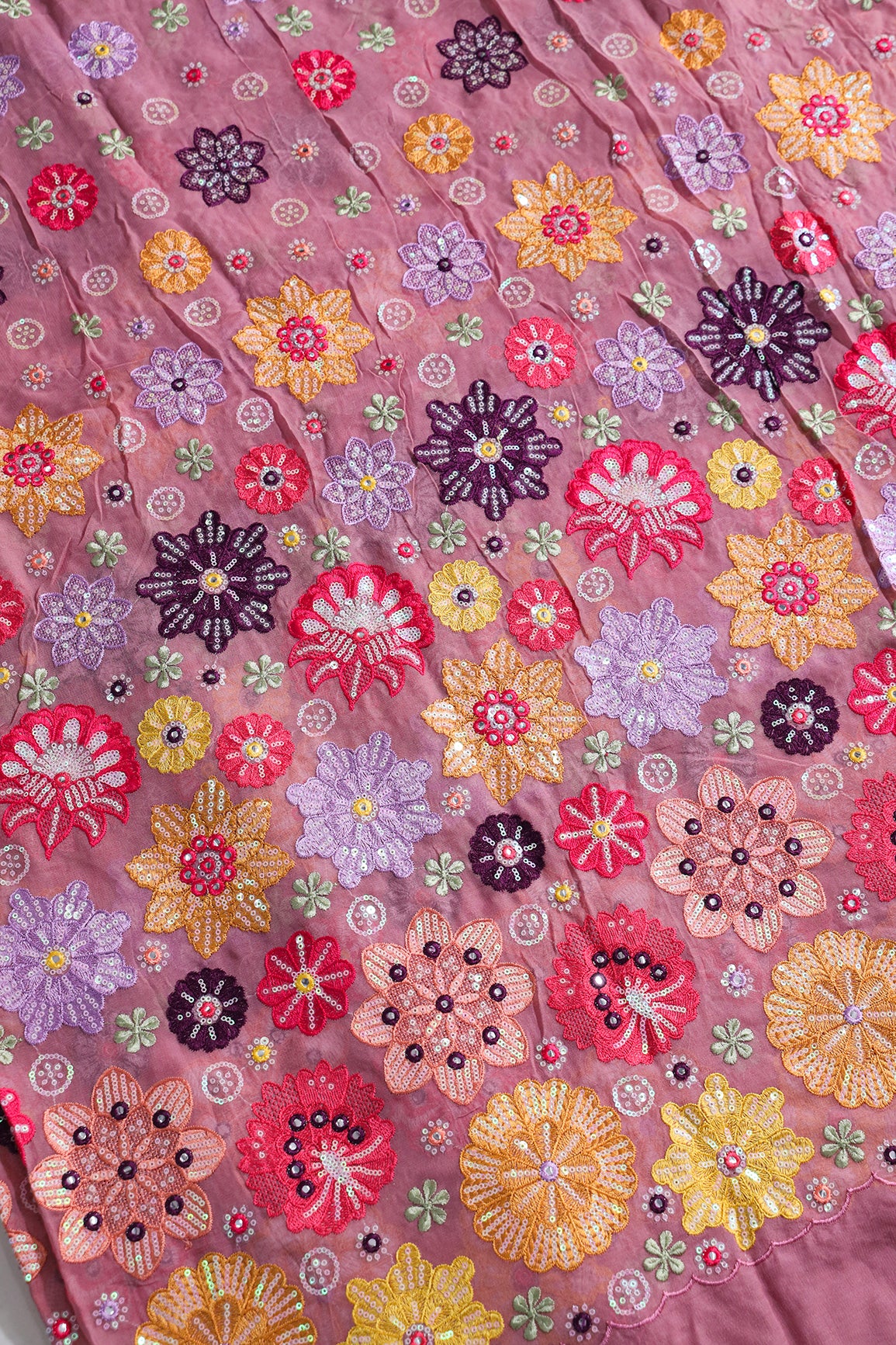 Big Width "52" Exclusive Floral Designer Embroidery With Faux Mirror On Thulian Pink Viscose Georgette Fabric