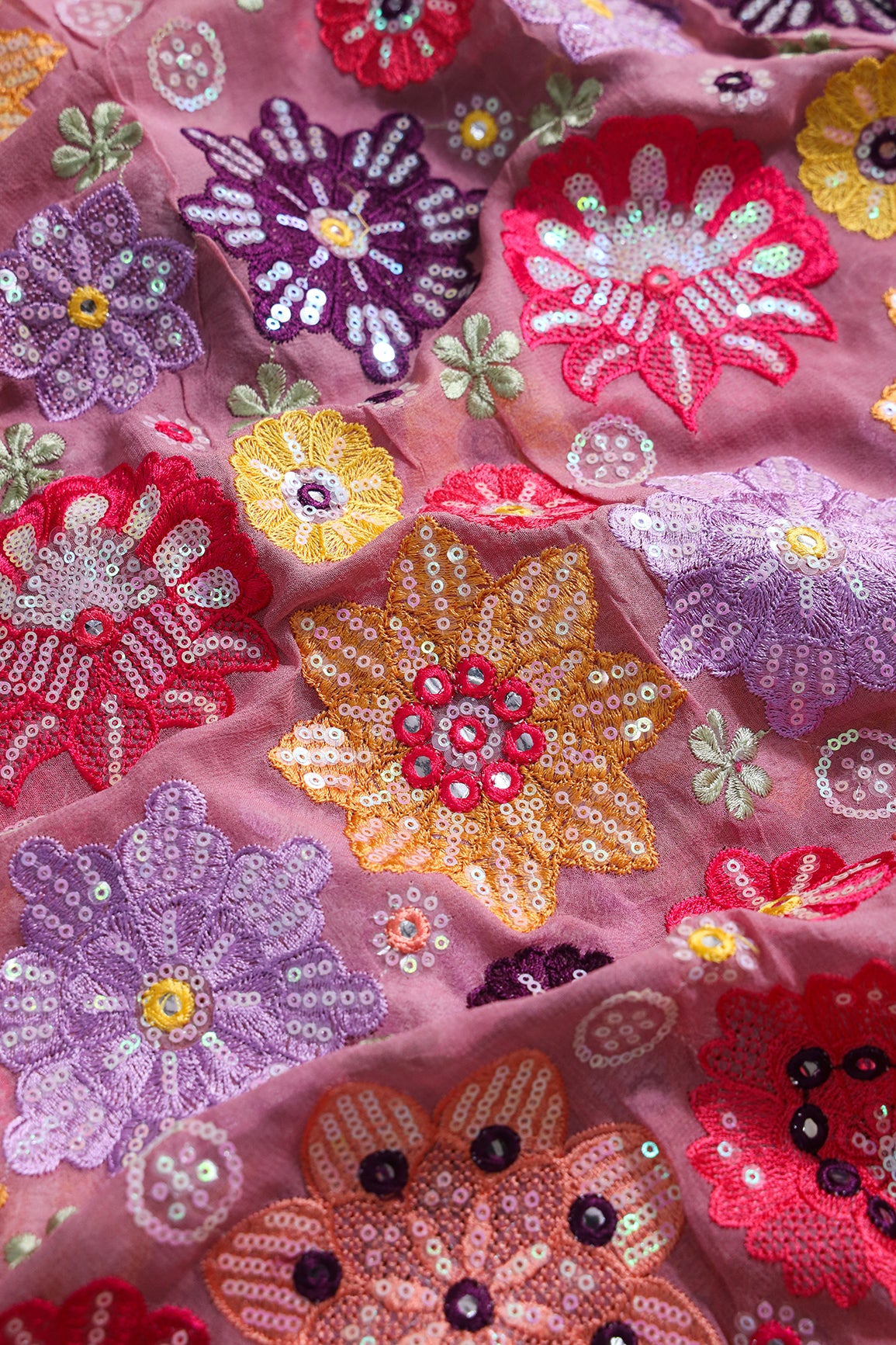 Big Width "52" Exclusive Floral Designer Embroidery With Faux Mirror On Thulian Pink Viscose Georgette Fabric