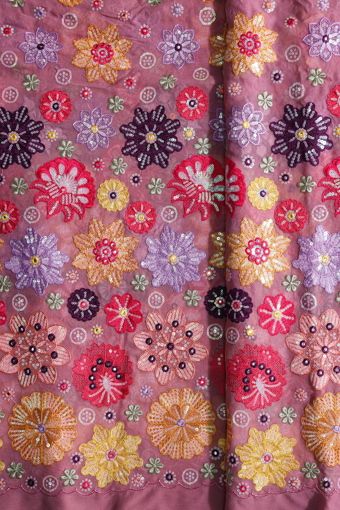 Big Width "52" Exclusive Floral Designer Embroidery With Faux Mirror On Thulian Pink Viscose Georgette Fabric