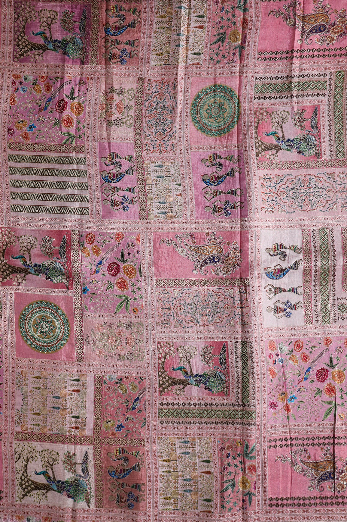 Positional Floral Print On Pastel Pink Viscose Dola Silk Jacquard Fabric