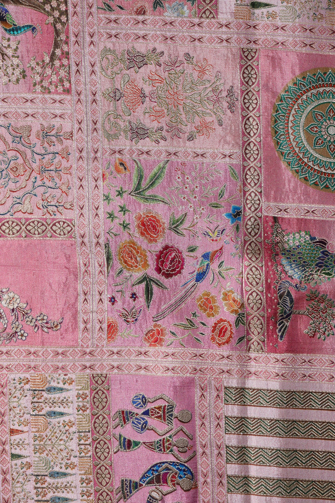 Positional Floral Print On Pastel Pink Viscose Dola Silk Jacquard Fabric