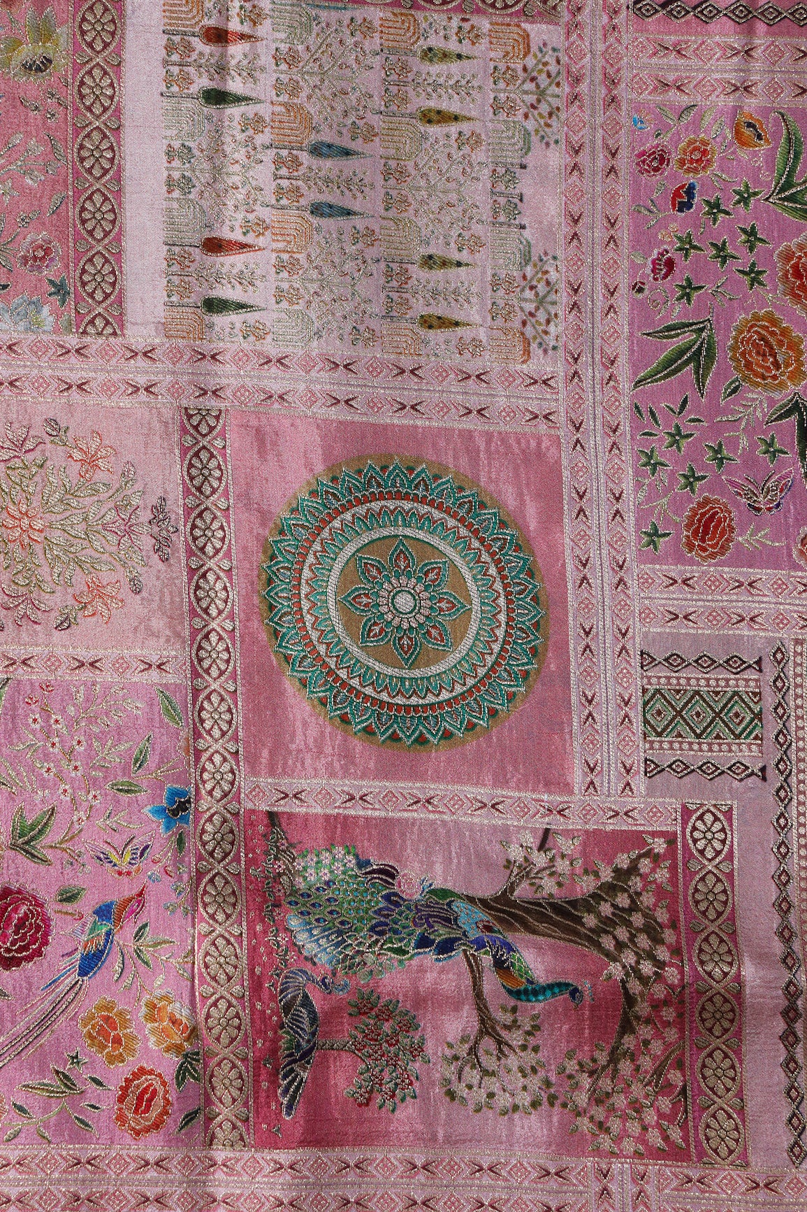Positional Floral Print On Pastel Pink Viscose Dola Silk Jacquard Fabric