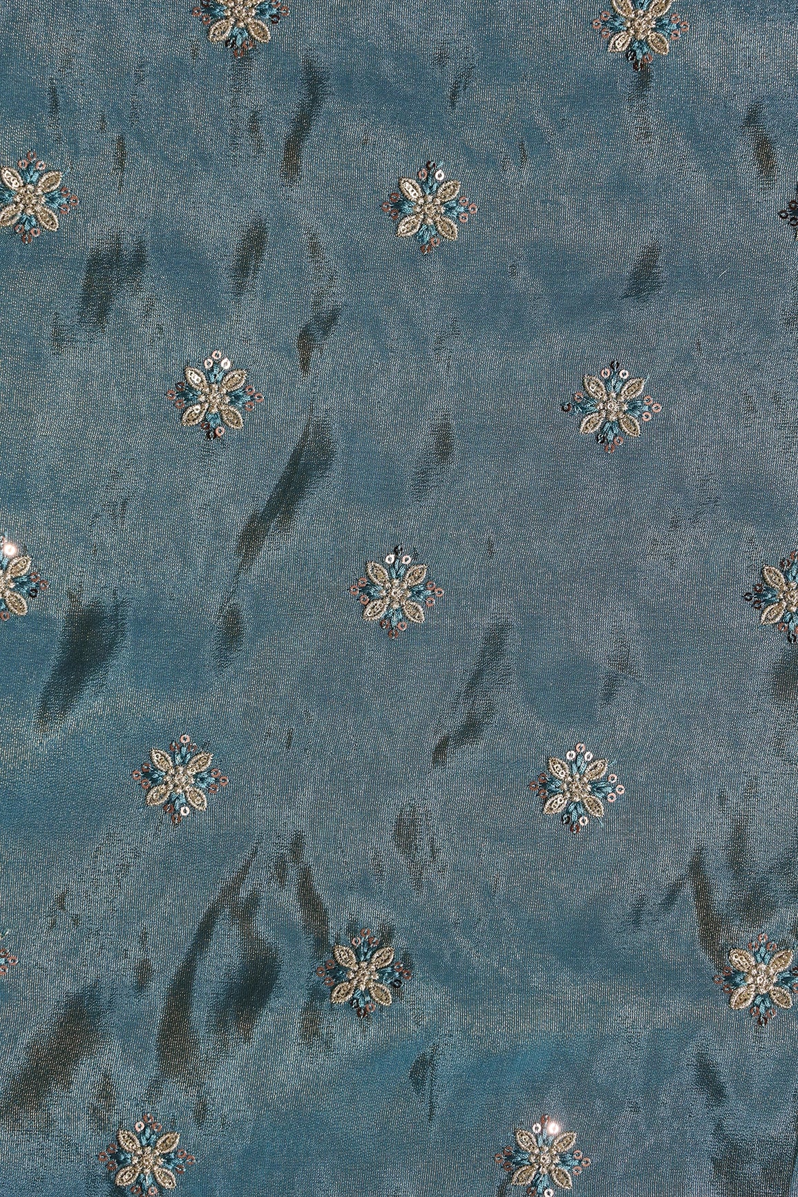 Gold Sequins And Zari Floral Booti Embroidery Work On Turkish Blue Pure Viscose Zari Tissue Fabric