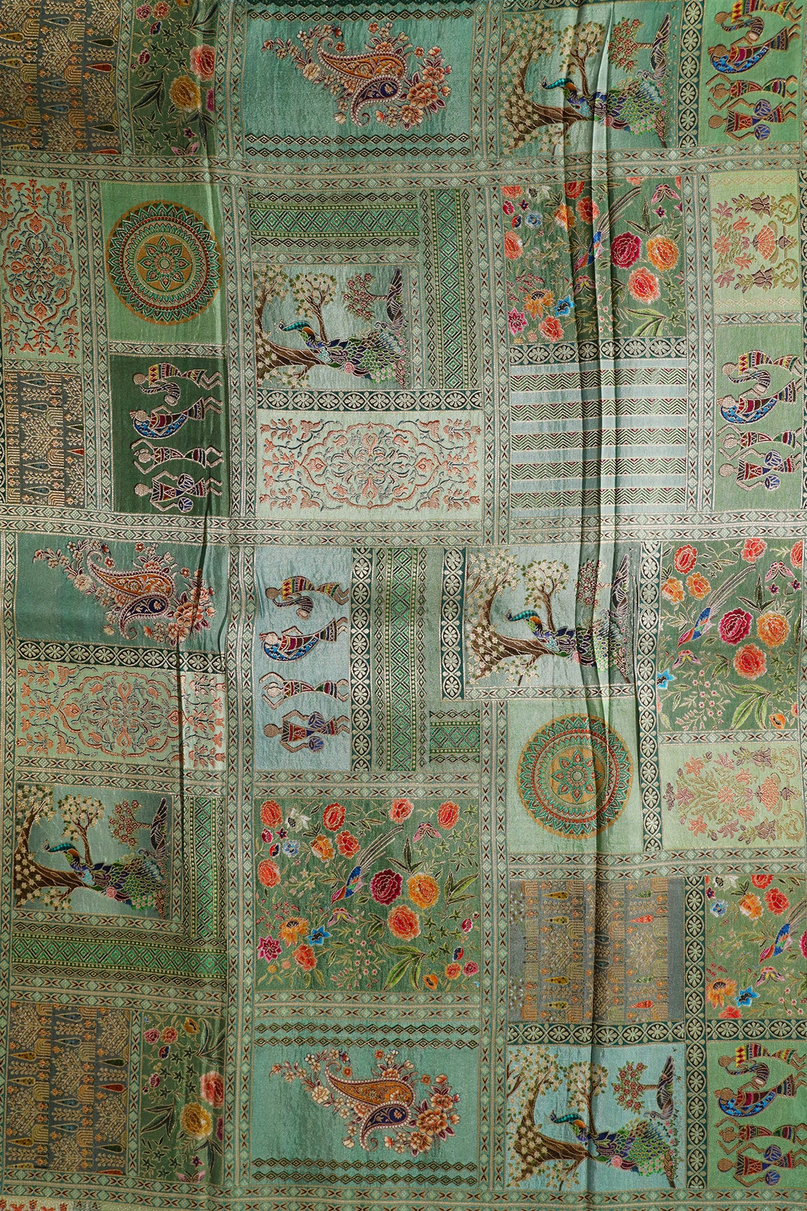 Positional Floral Print On Pastel Olive Viscose Dola Silk Jacquard Fabric