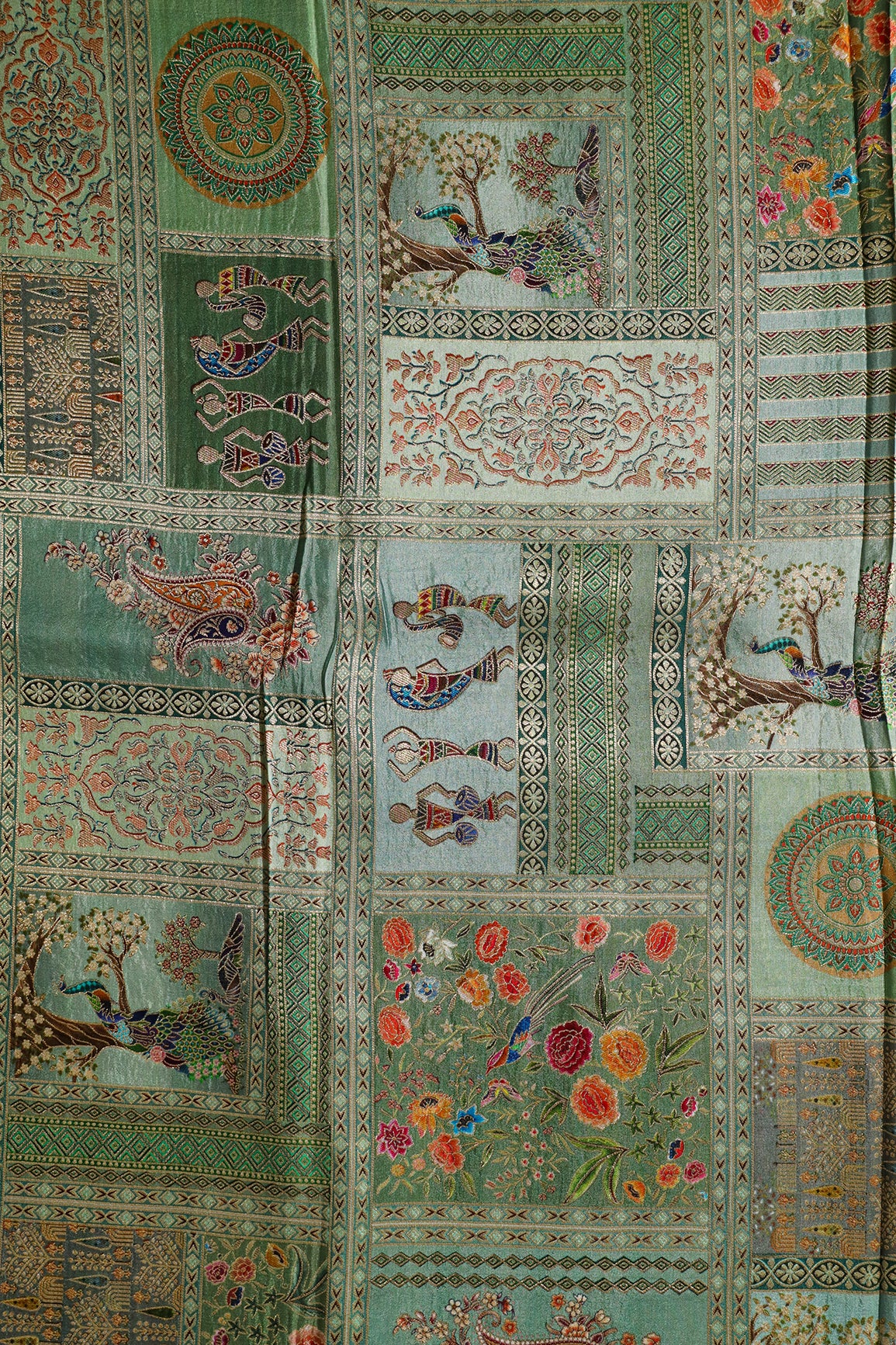 Positional Floral Print On Pastel Olive Viscose Dola Silk Jacquard Fabric