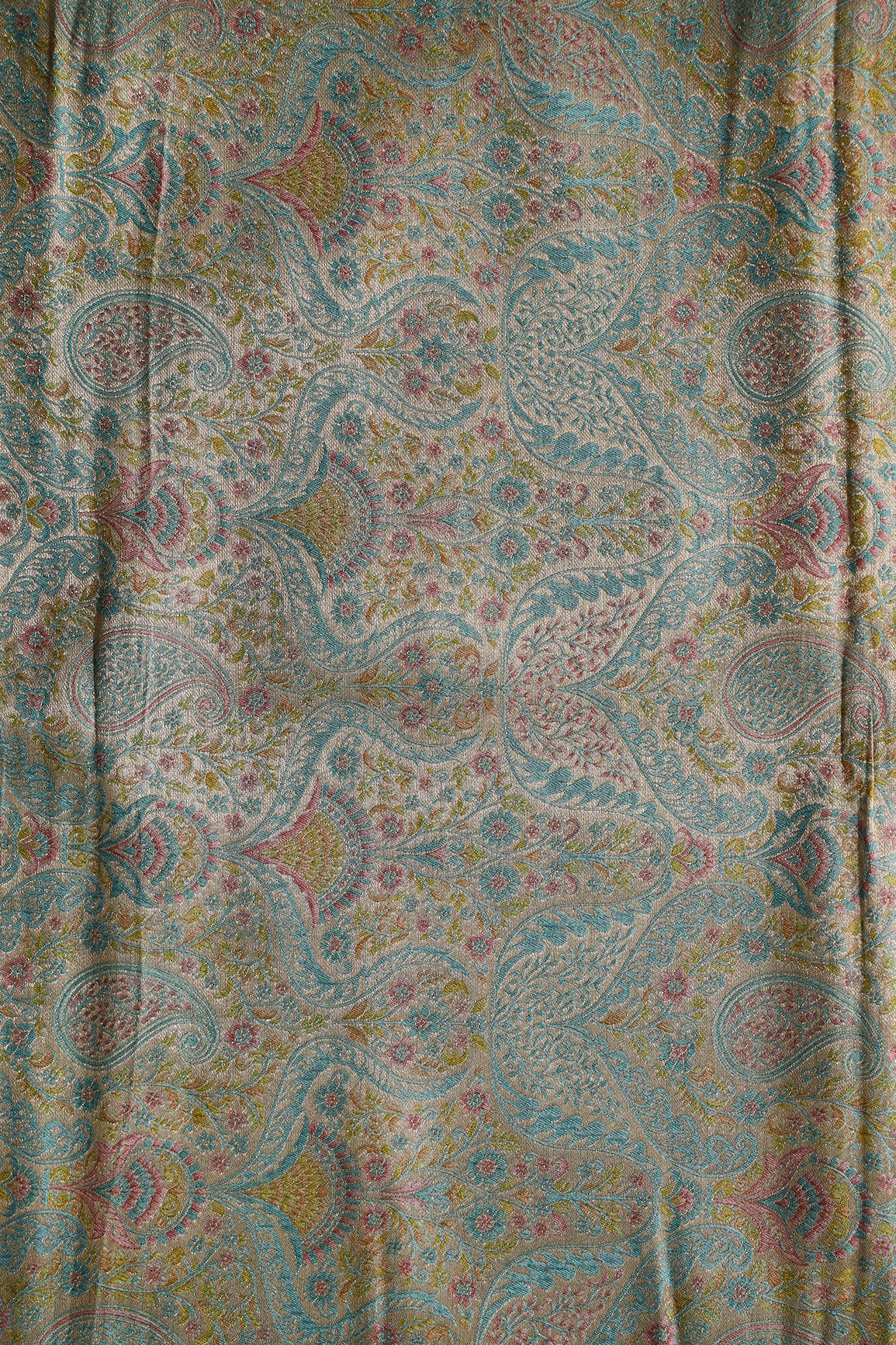 Positional Floral Print On Pastel Blue Viscose Dola Silk Jacquard Fabric