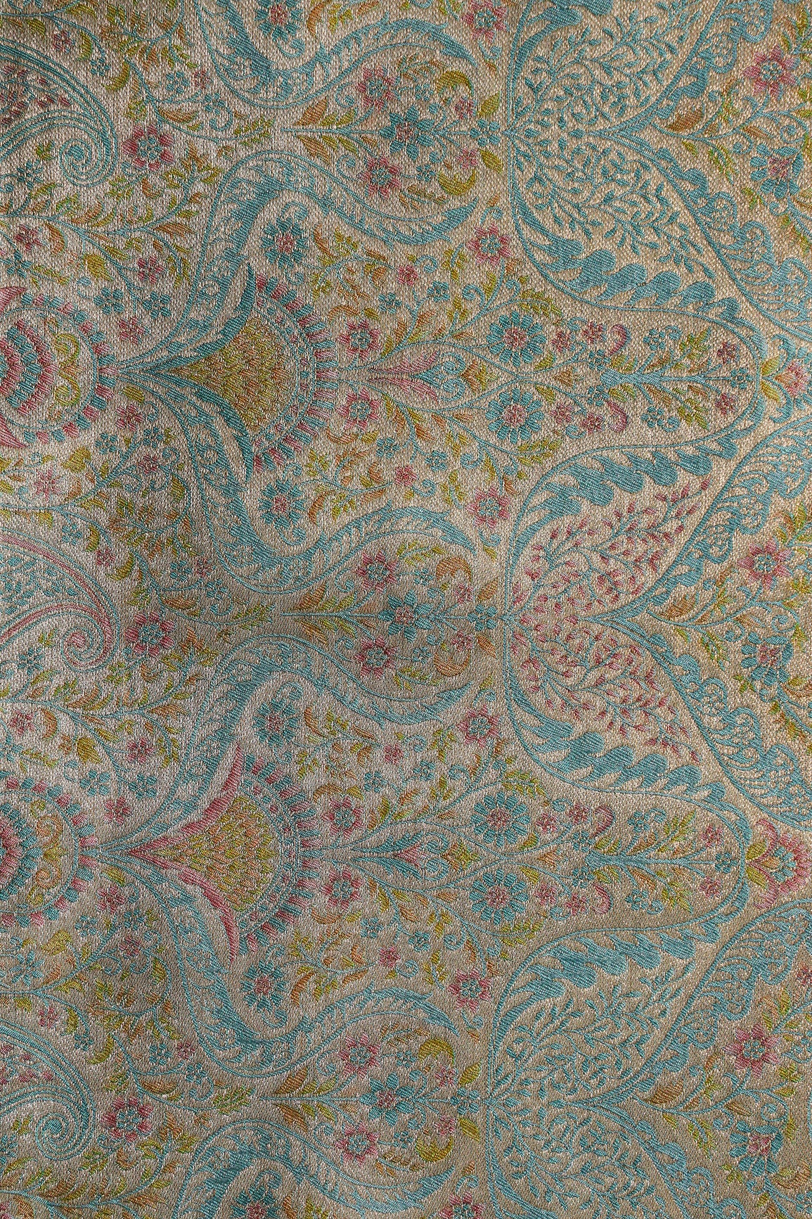 Positional Floral Print On Pastel Blue Viscose Dola Silk Jacquard Fabric