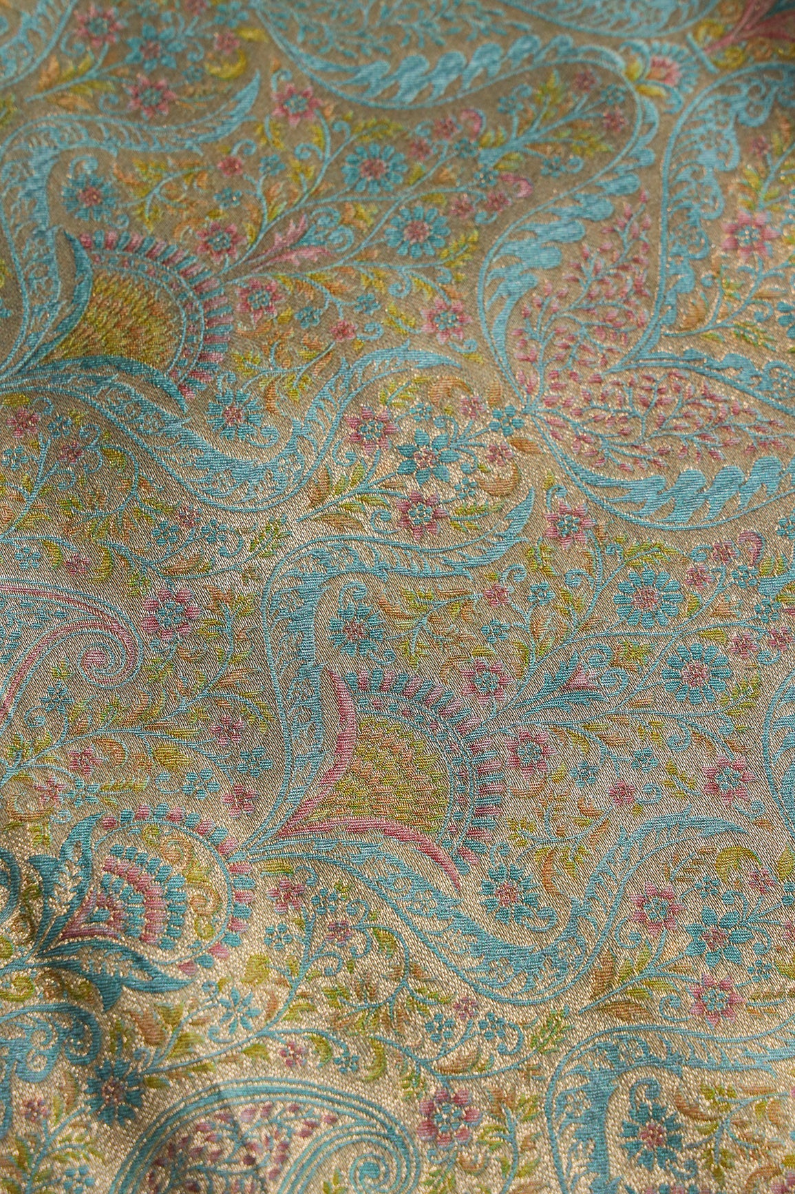 Positional Floral Print On Pastel Blue Viscose Dola Silk Jacquard Fabric