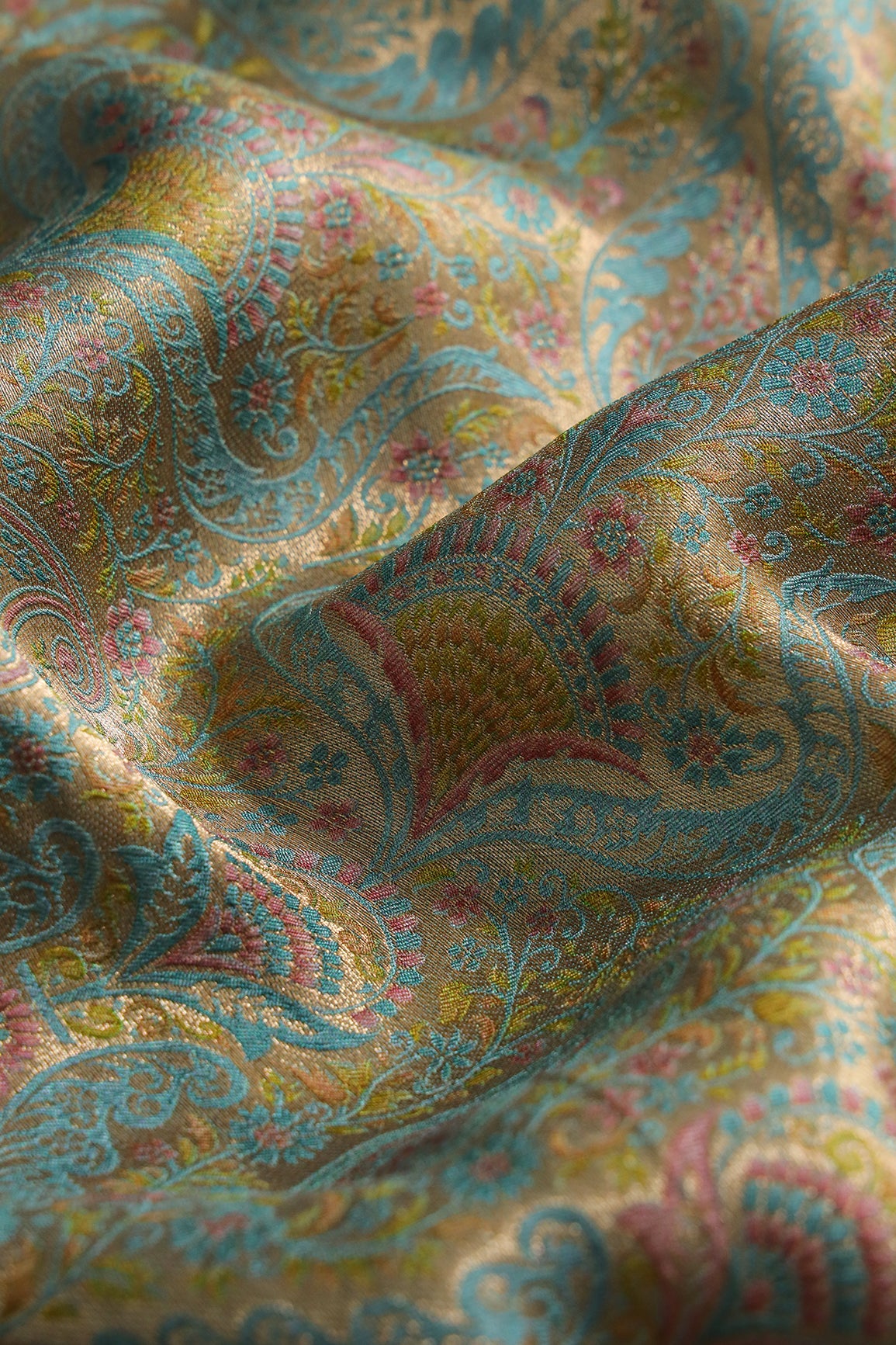 Positional Floral Print On Pastel Blue Viscose Dola Silk Jacquard Fabric