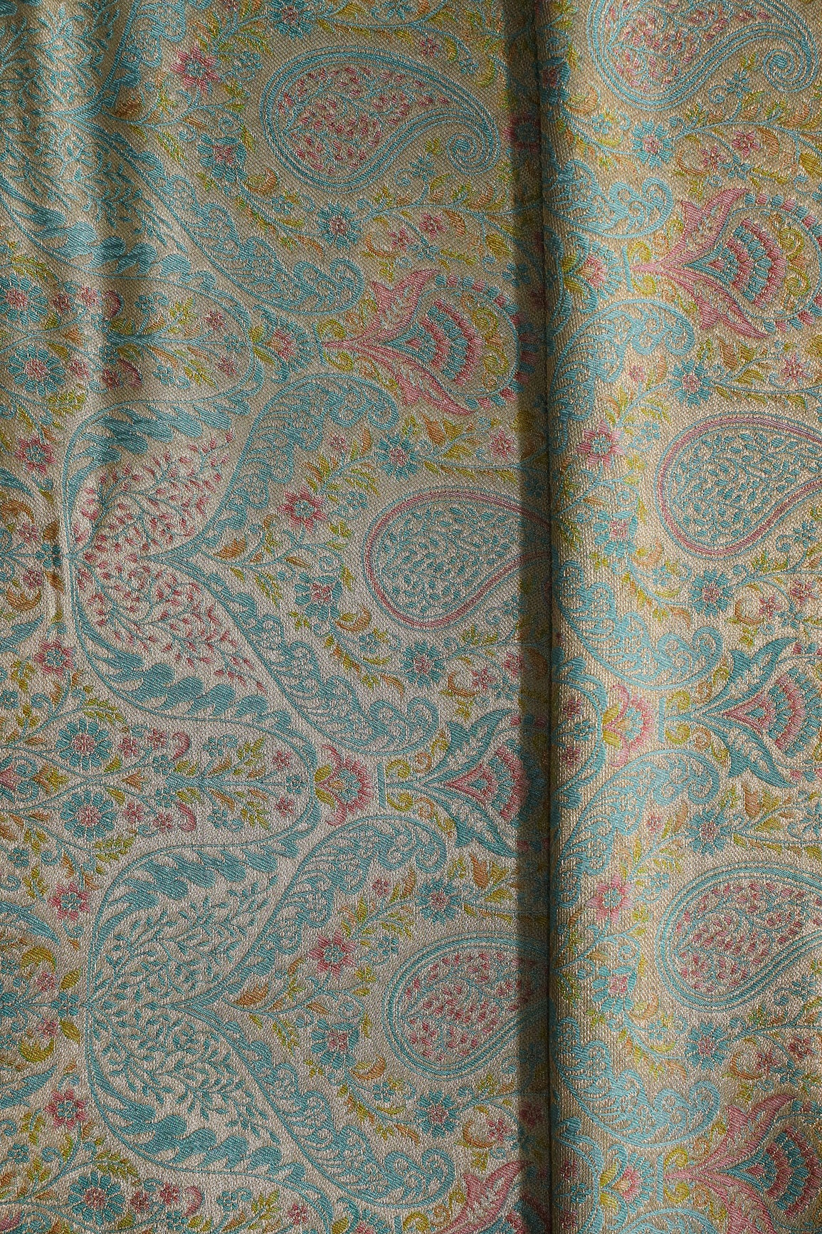 Positional Floral Print On Pastel Blue Viscose Dola Silk Jacquard Fabric