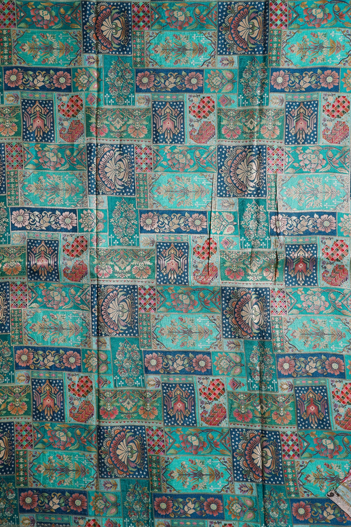 Positional Floral Print On Teal Viscose Dola Silk Jacquard Fabric