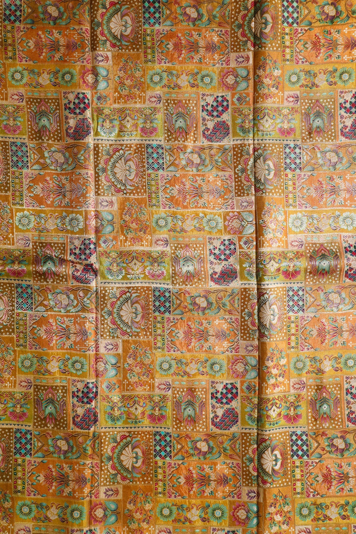 Positional Floral Print On Mustard Yellow Viscose Dola Silk Jacquard Fabric
