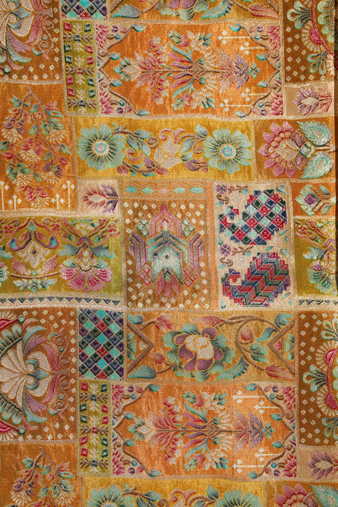 Positional Floral Print On Mustard Yellow Viscose Dola Silk Jacquard Fabric