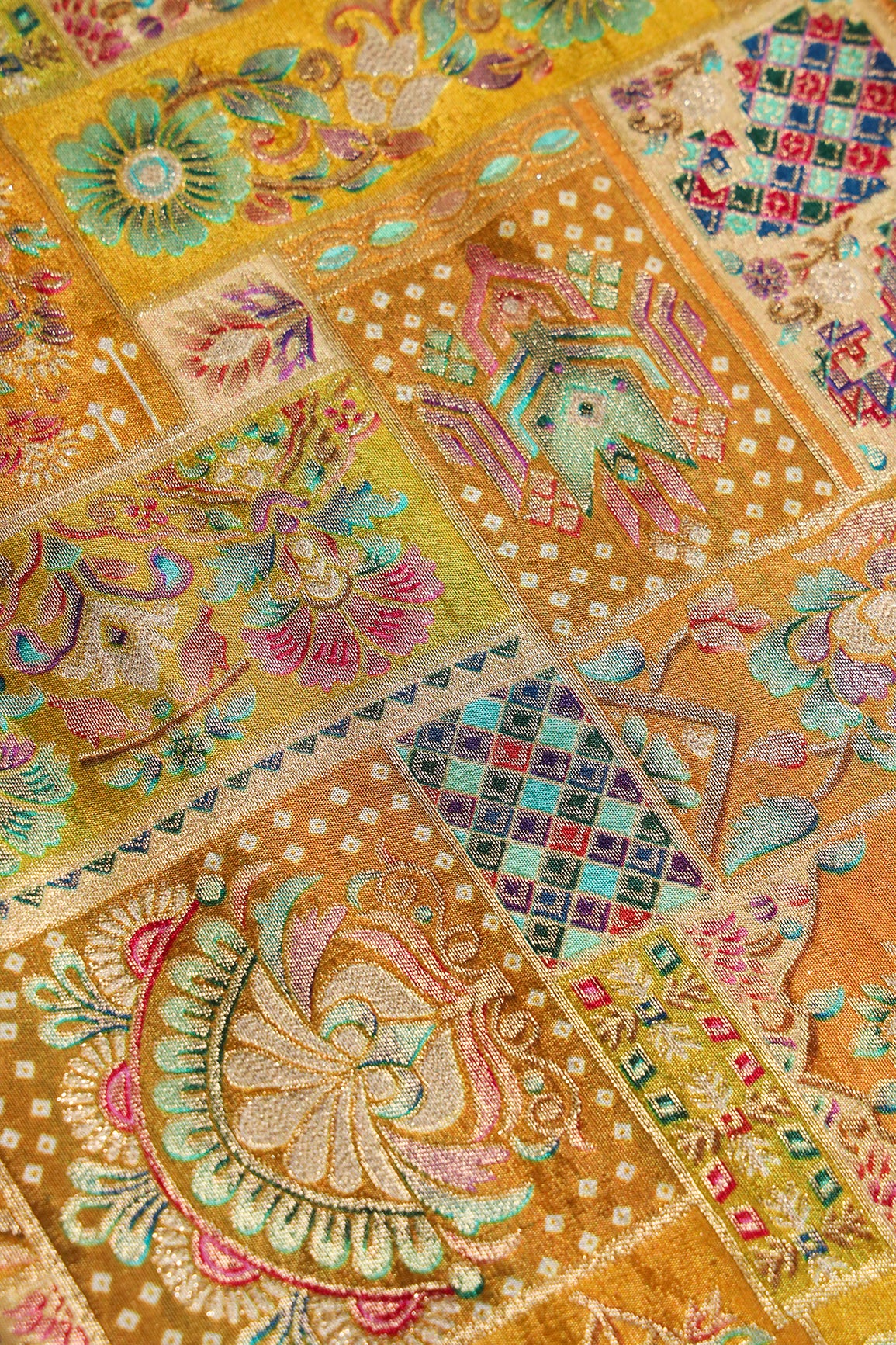 Positional Floral Print On Mustard Yellow Viscose Dola Silk Jacquard Fabric