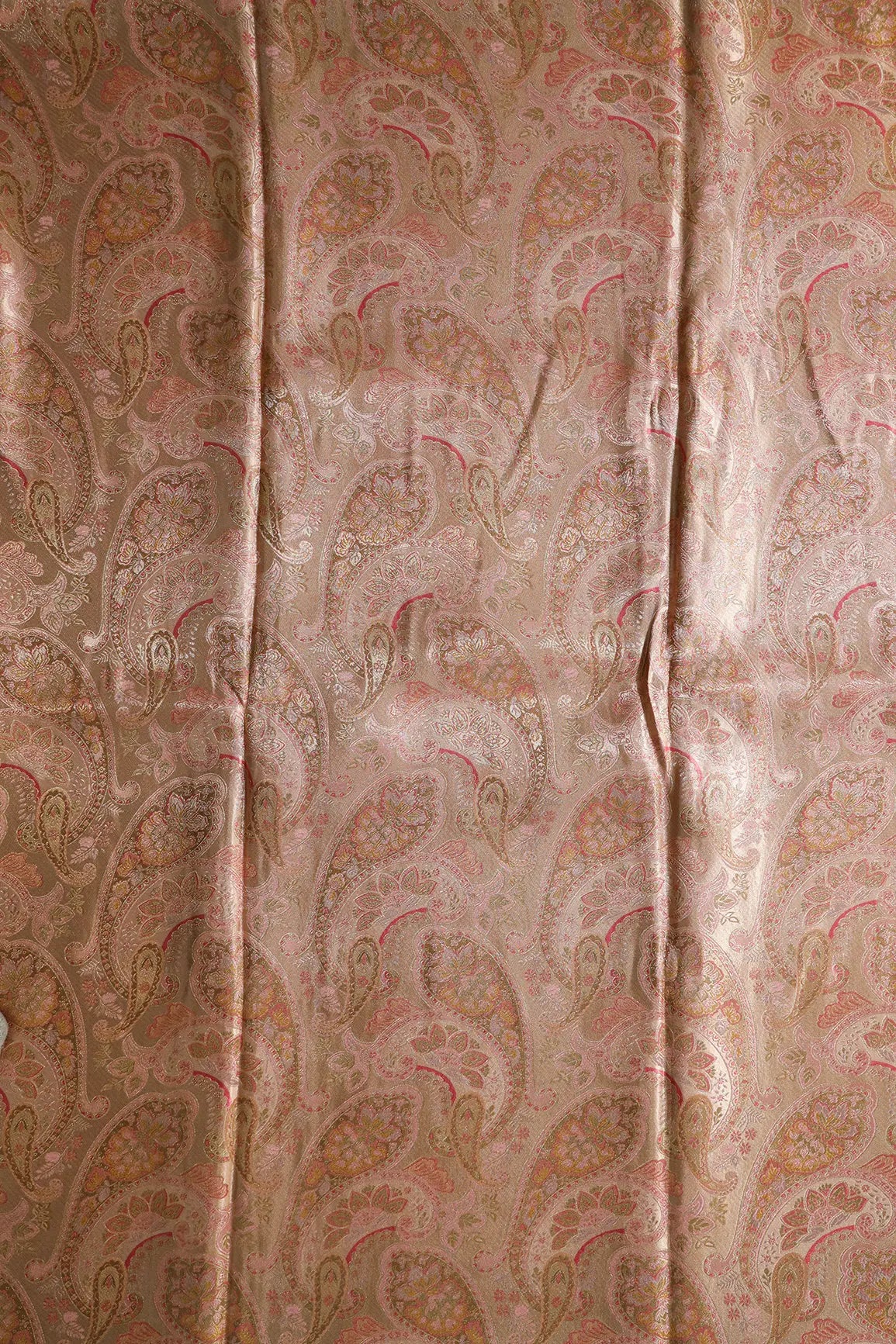 Positional Floral Print On Beige Viscose Dola Satin Silk Jacquard Fabric