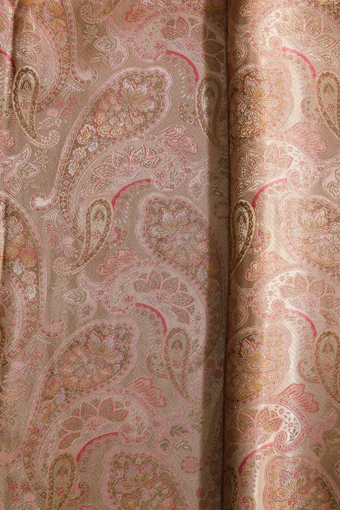 Positional Floral Print On Beige Viscose Dola Satin Silk Jacquard Fabric