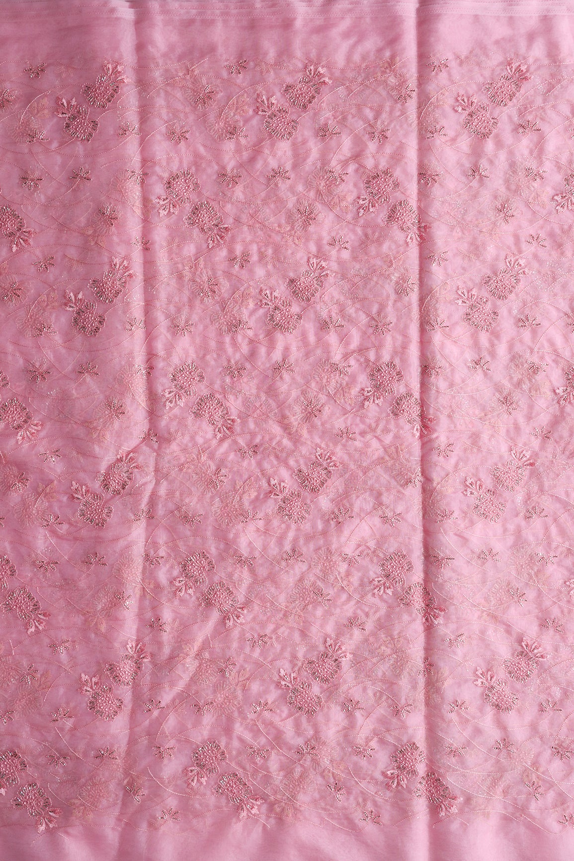 Pink Thread With Beads Floral Embroidery On Pink Organza Fabric