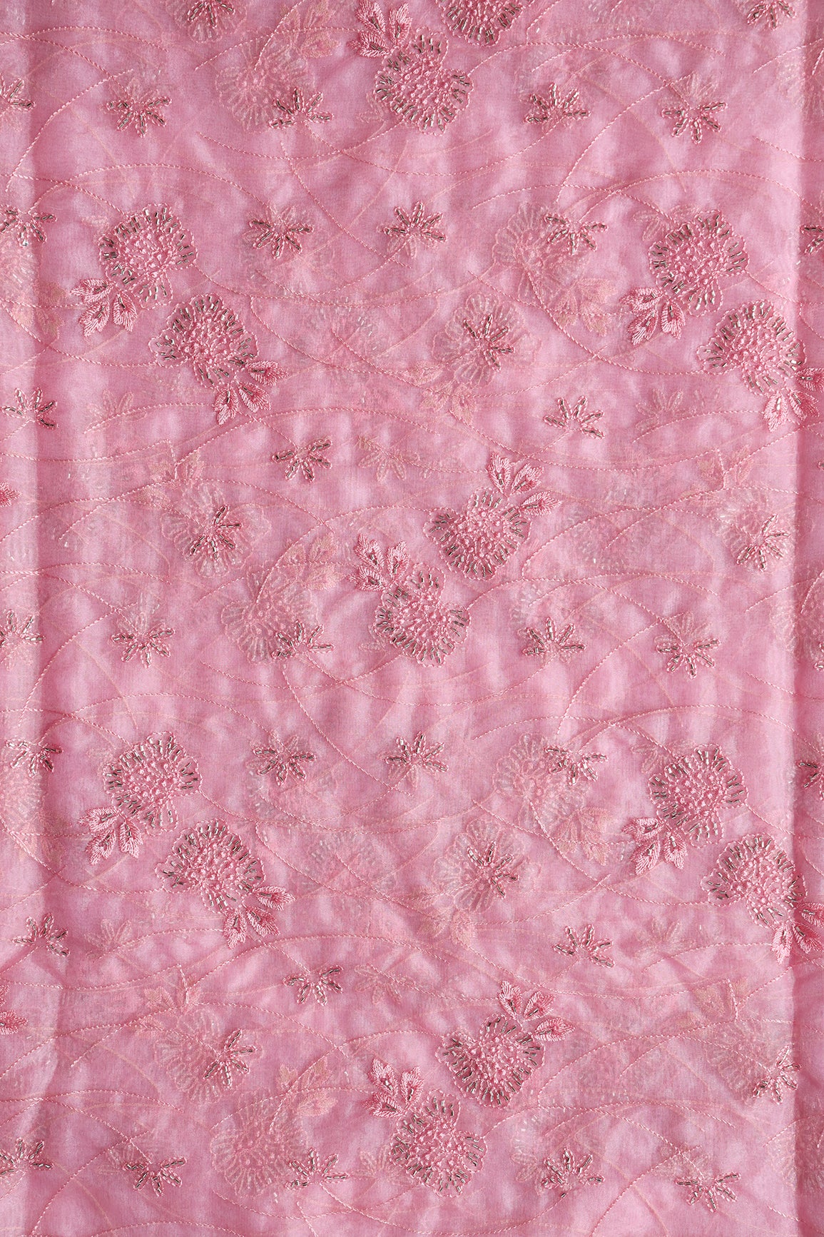 Pink Thread With Beads Floral Embroidery On Pink Organza Fabric