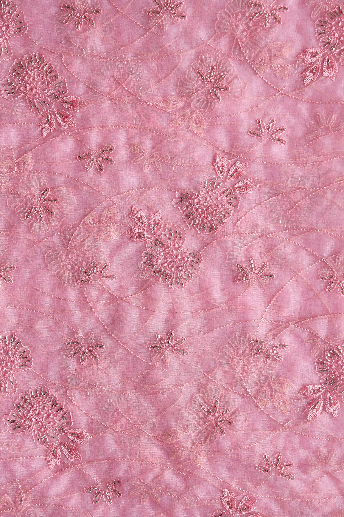 Pink Thread With Beads Floral Embroidery On Pink Organza Fabric