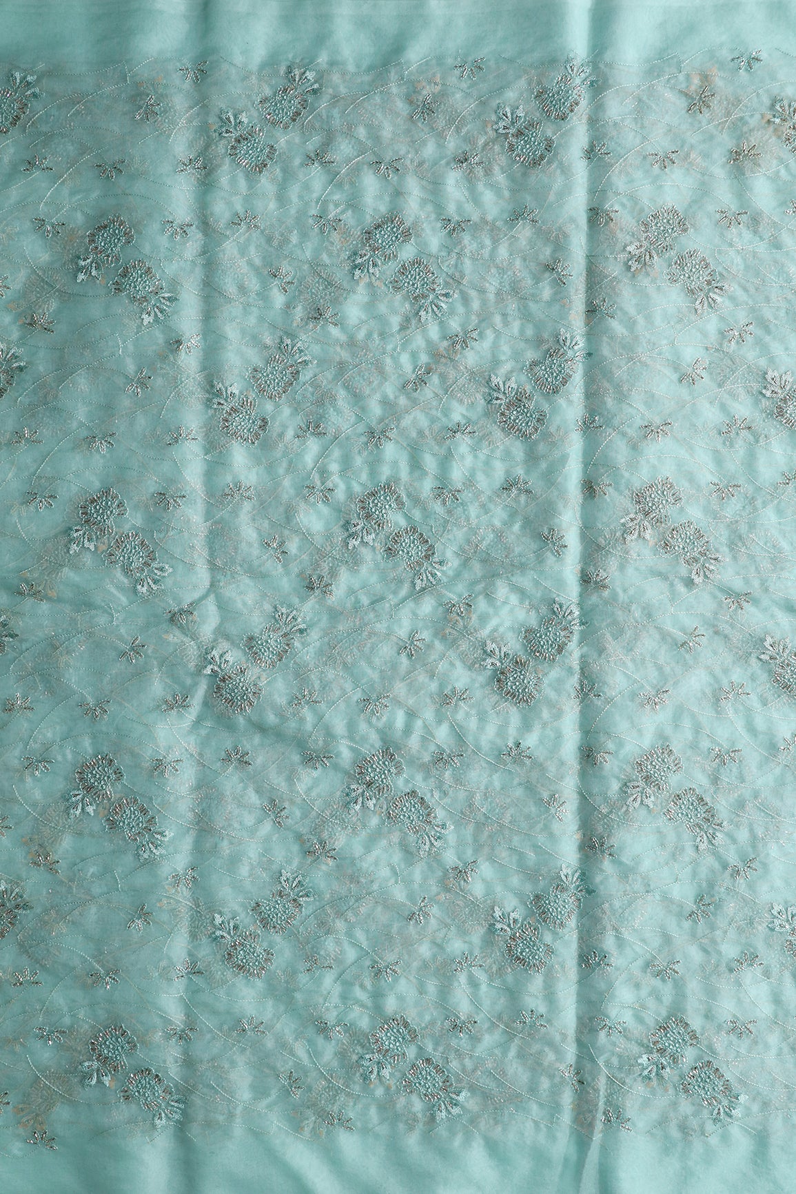 Sea Green Thread With Beads Floral Embroidery On Sea Green Organza Fabric