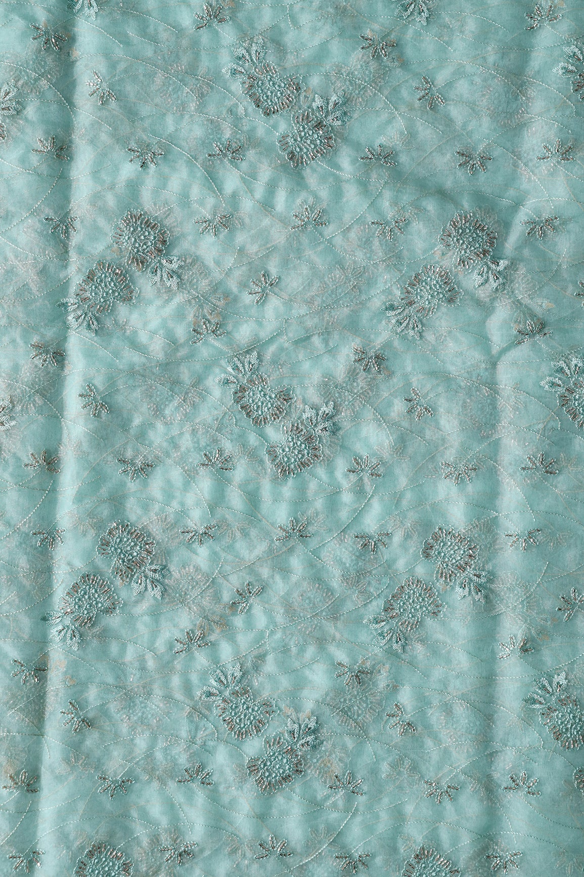 Sea Green Thread With Beads Floral Embroidery On Sea Green Organza Fabric