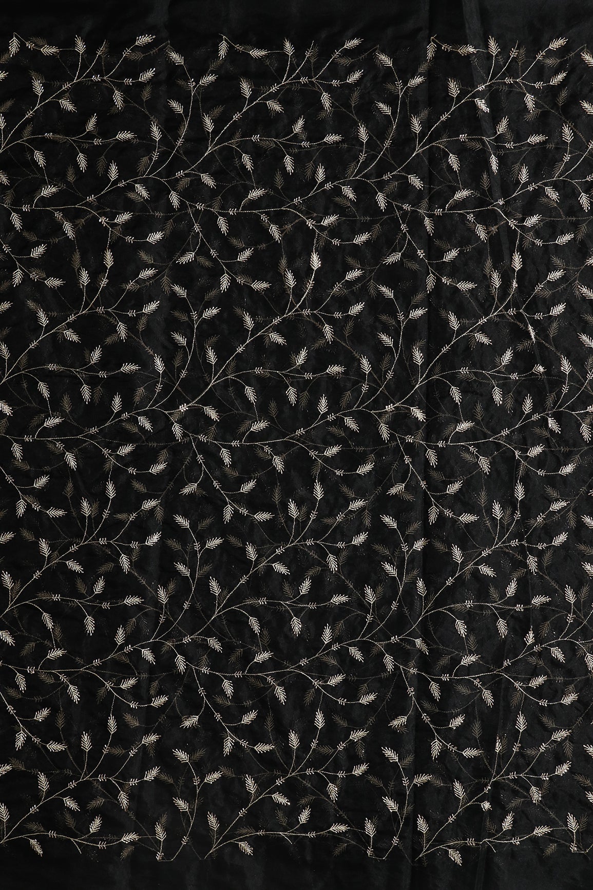 Gold Zari With Beads Leafy Embroidery Work On Black Organza Fabric