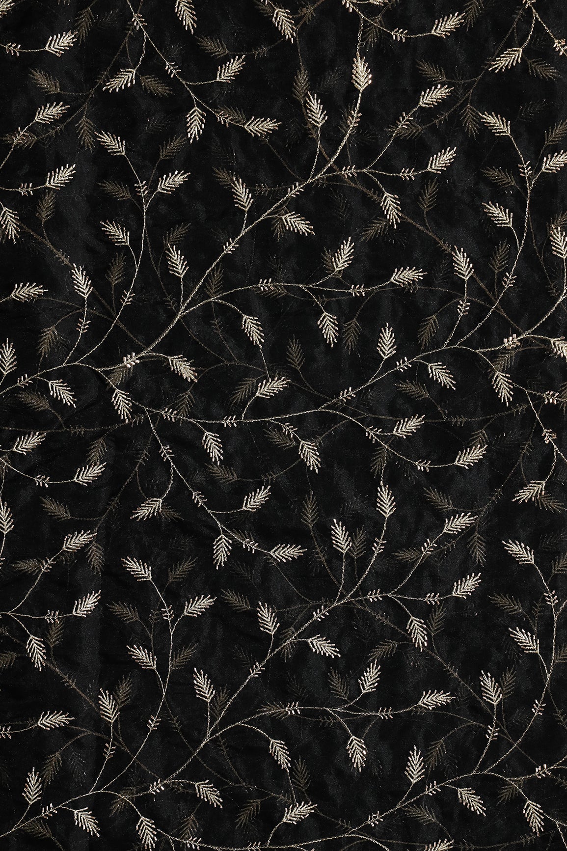 Gold Zari With Beads Leafy Embroidery Work On Black Organza Fabric