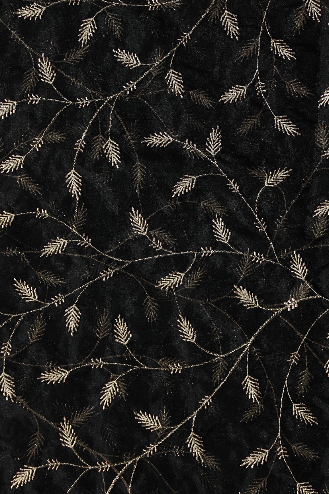 Gold Zari With Beads Leafy Embroidery Work On Black Organza Fabric