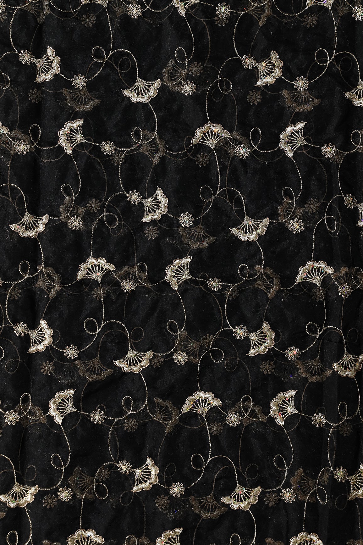 Gold Zari With Beads Beautiful Floral Embroidery On Black Organza Fabric