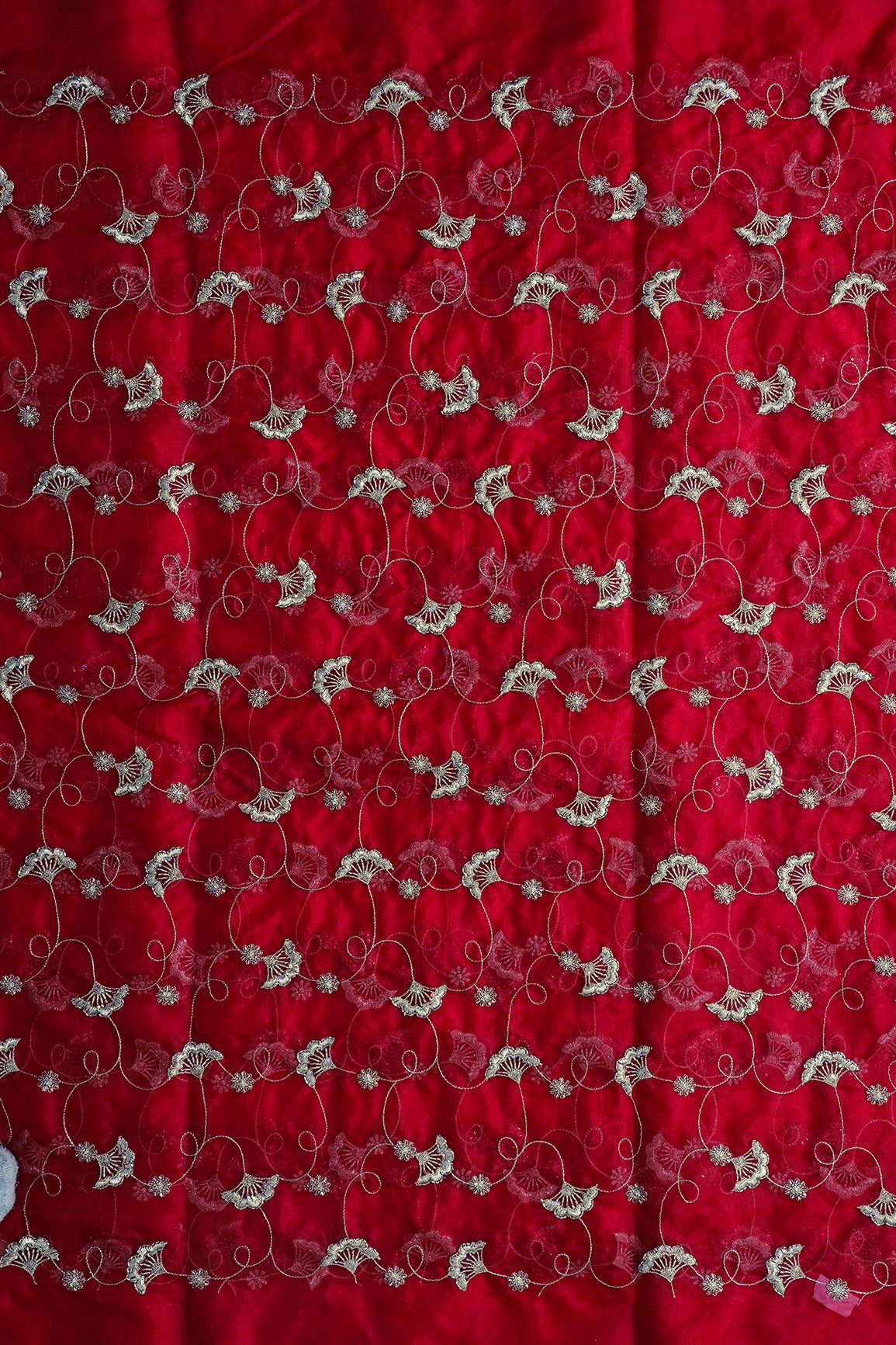 Gold Zari With Beads Beautiful Floral Embroidery On Red Organza Fabric