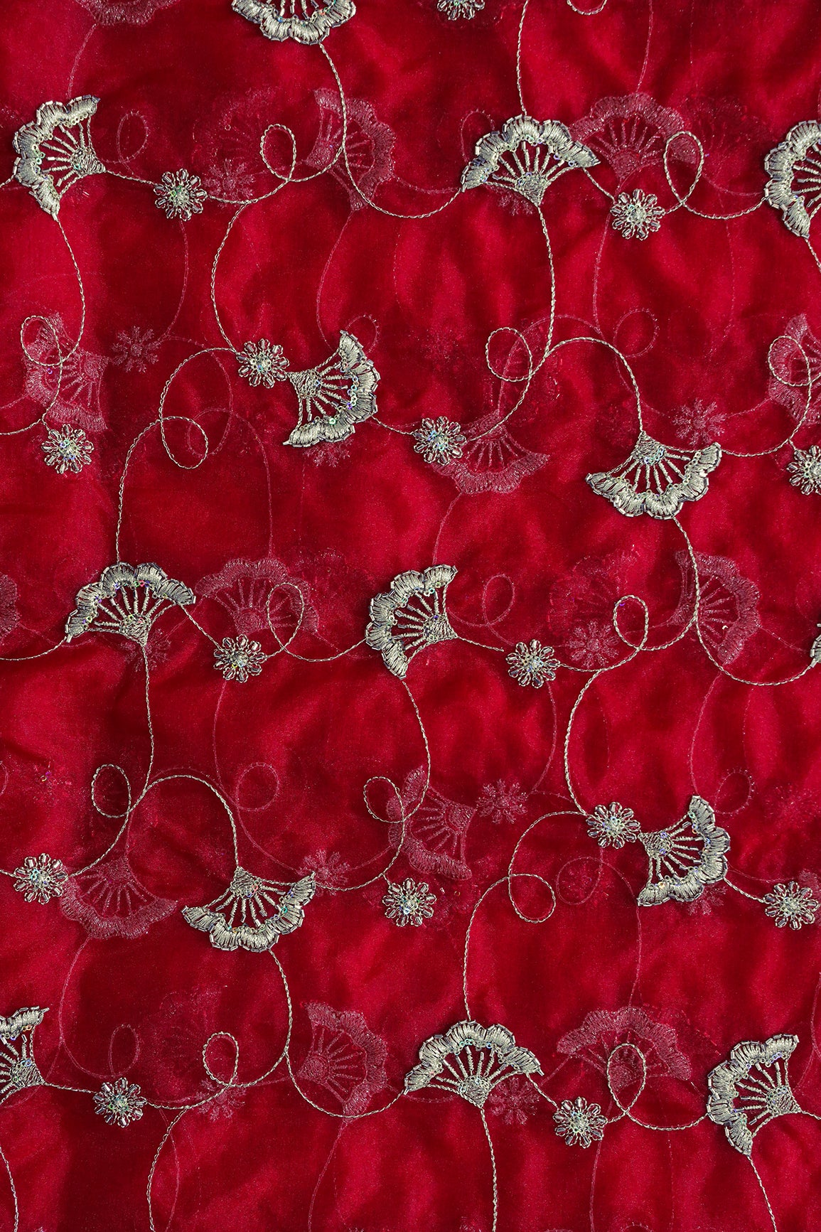 Gold Zari With Beads Beautiful Floral Embroidery On Red Organza Fabric