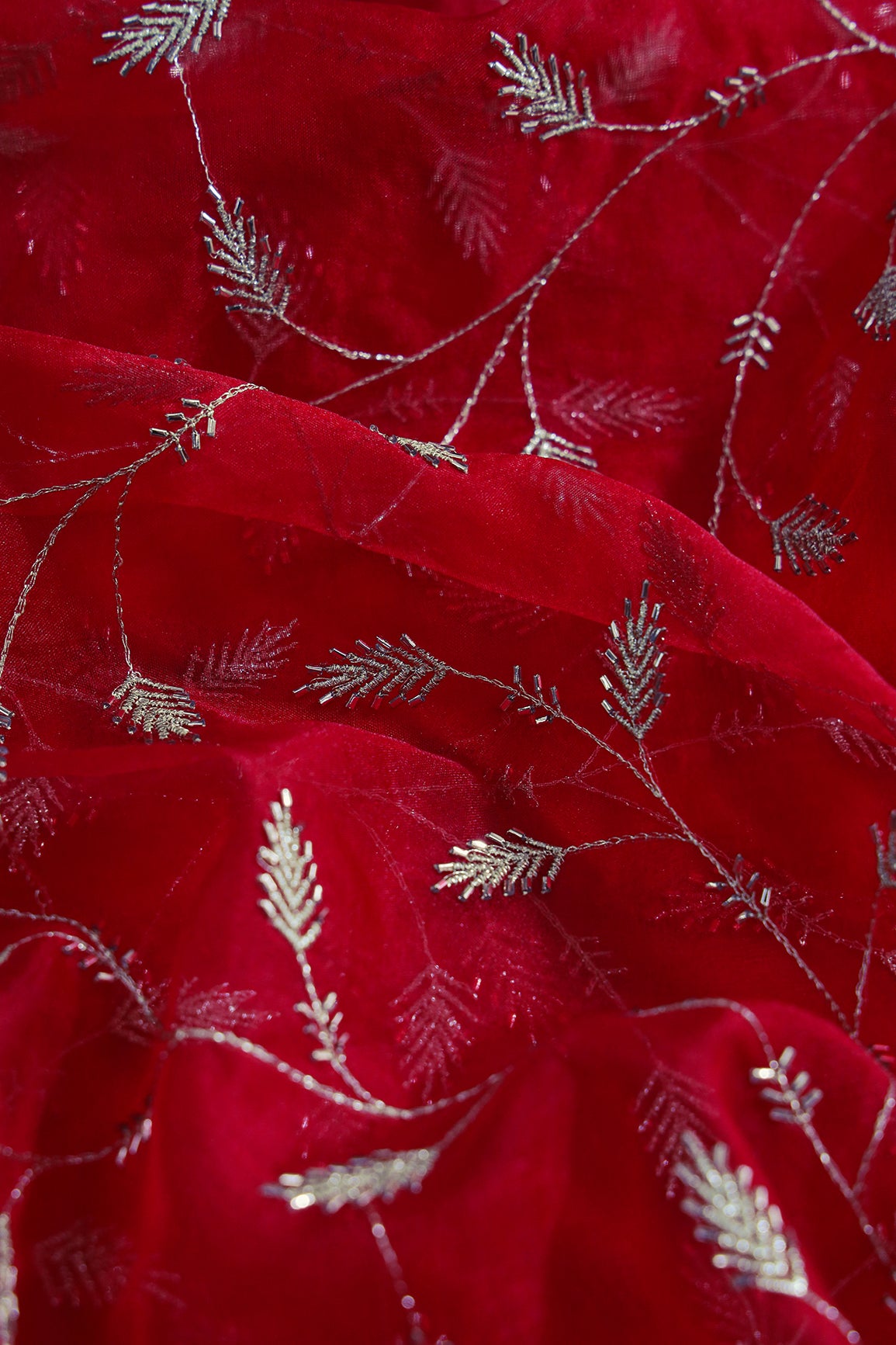 Gold Zari With Beads Leafy Embroidery Work On Red Organza Fabric
