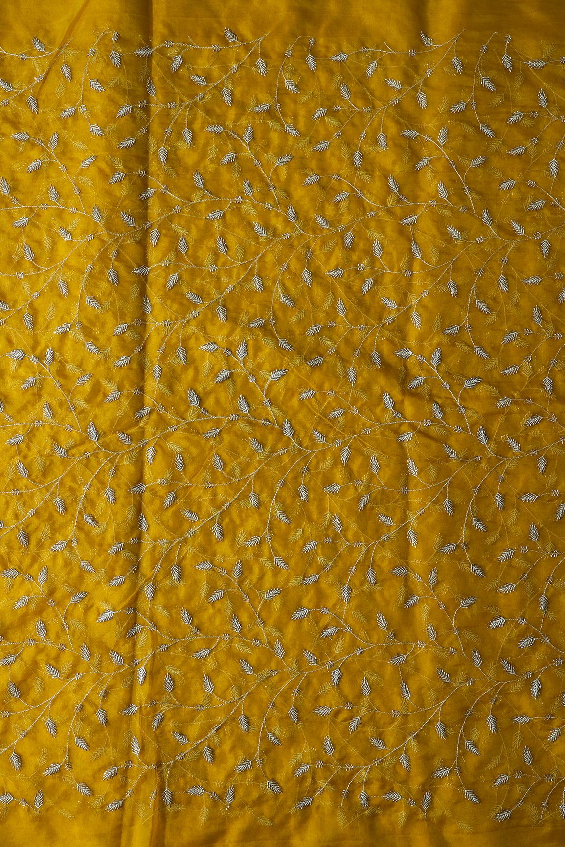Gold Zari With Beads Leafy Embroidery Work On Yellow Organza Fabric
