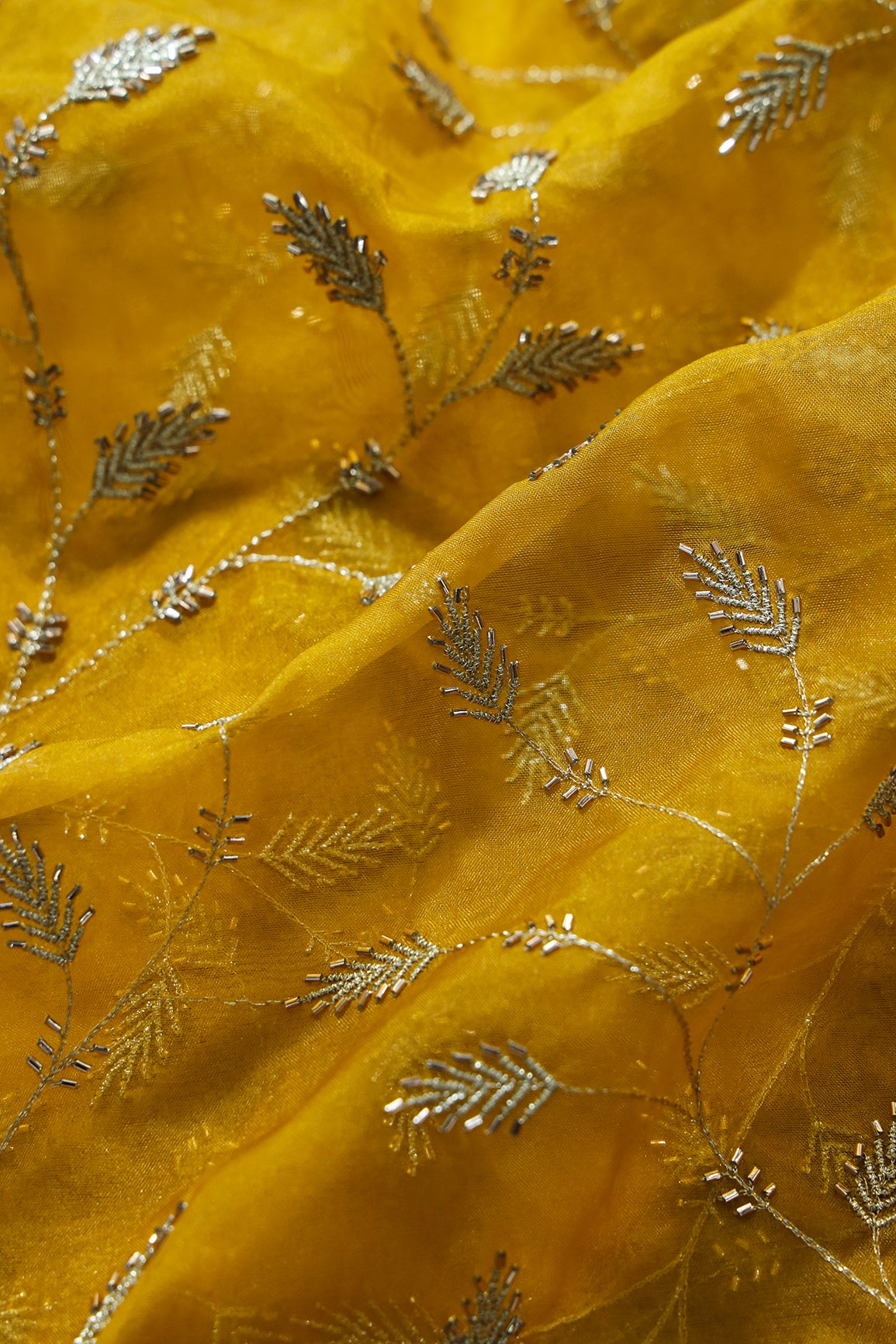 Gold Zari With Beads Leafy Embroidery Work On Yellow Organza Fabric