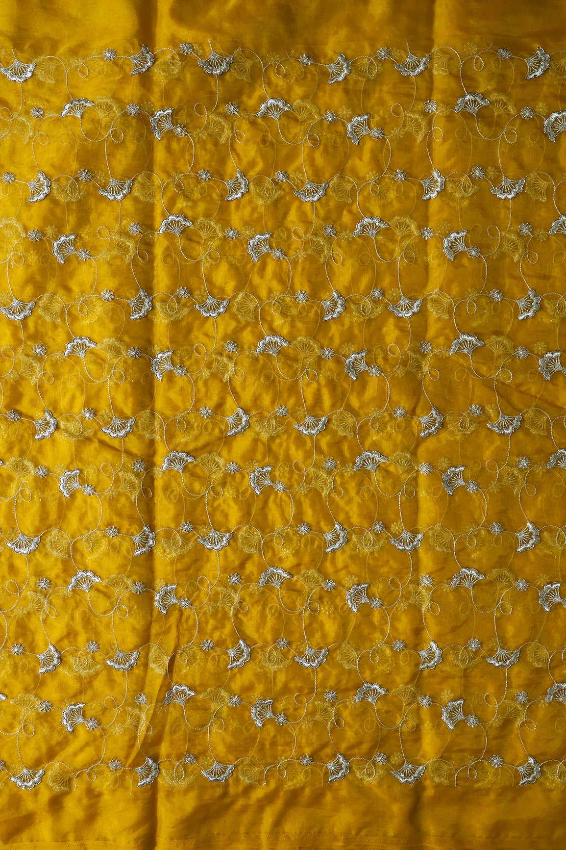 Gold Zari With Beads Beautiful Floral Embroidery On Yellow Organza Fabric