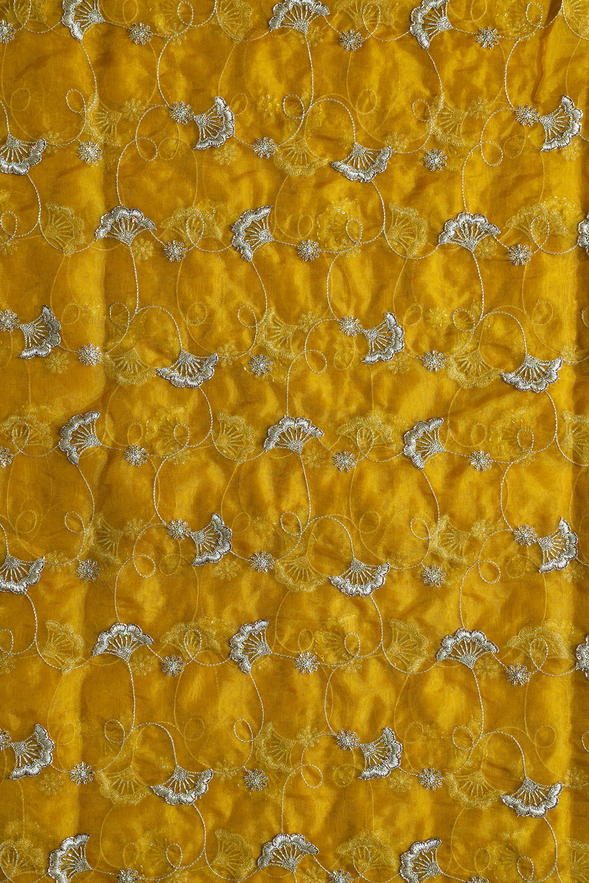 Gold Zari With Beads Beautiful Floral Embroidery On Yellow Organza Fabric