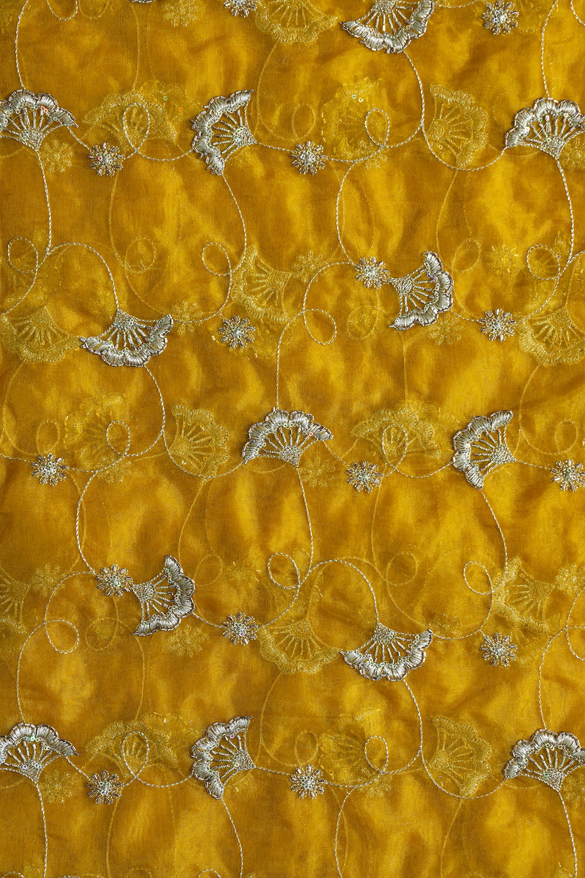 Gold Zari With Beads Beautiful Floral Embroidery On Yellow Organza Fabric