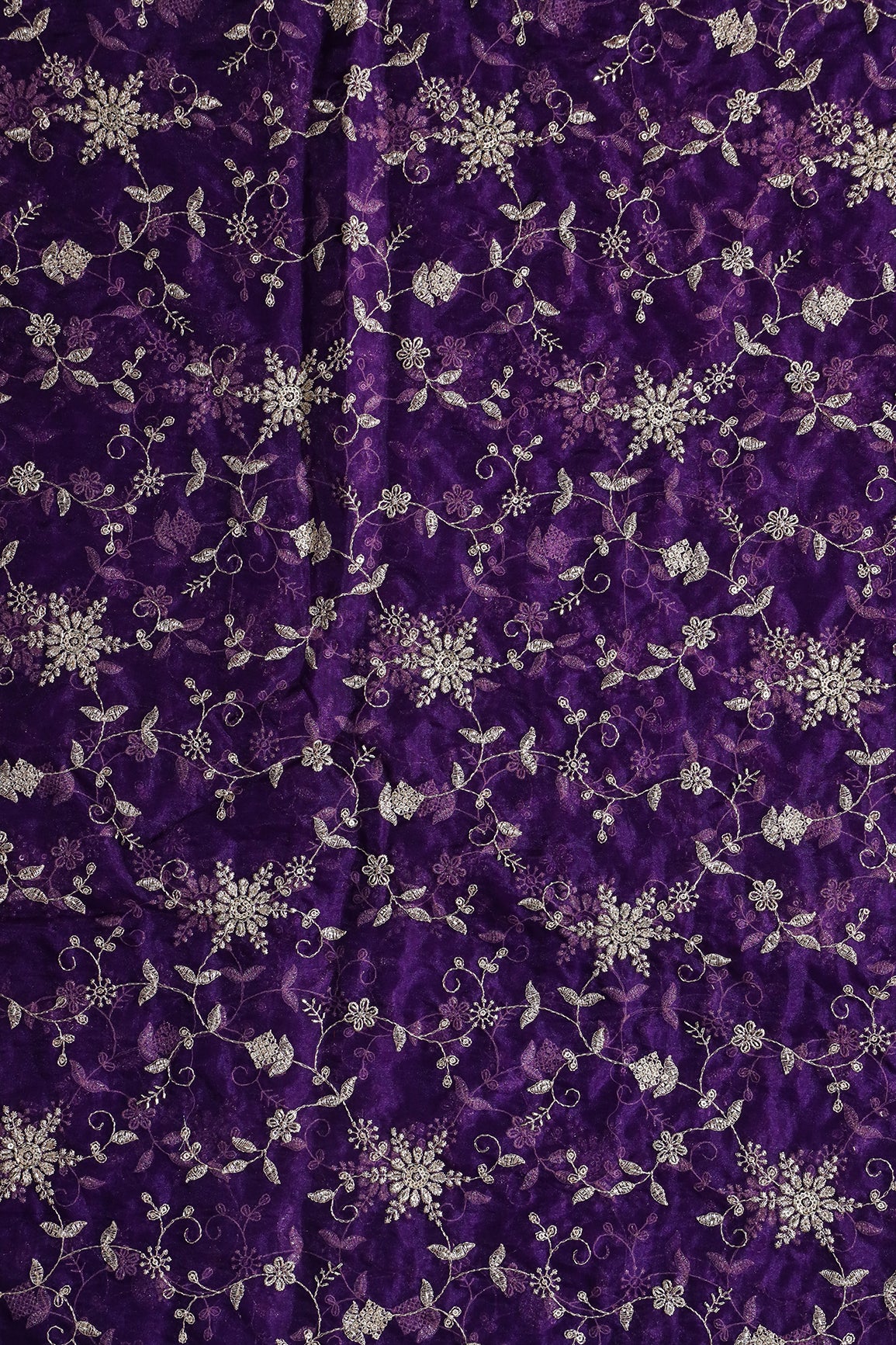 Zari Thread With Beads Floral Embroidery On Purple Organza Fabric