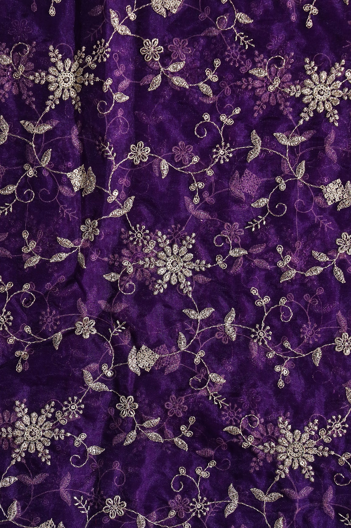 Zari Thread With Beads Floral Embroidery On Purple Organza Fabric