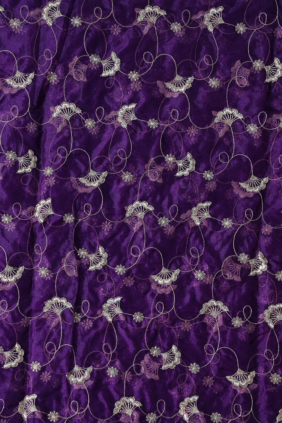 Gold Zari With Beads Beautiful Floral Embroidery On Purple Organza Fabric