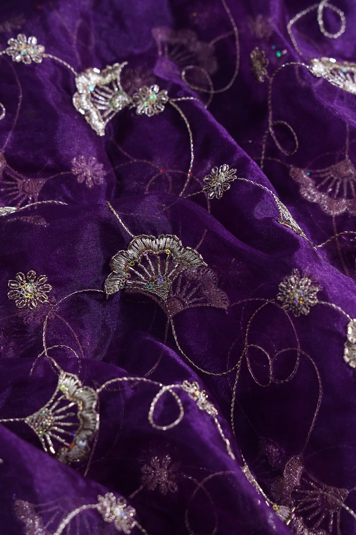 Gold Zari With Beads Beautiful Floral Embroidery On Purple Organza Fabric